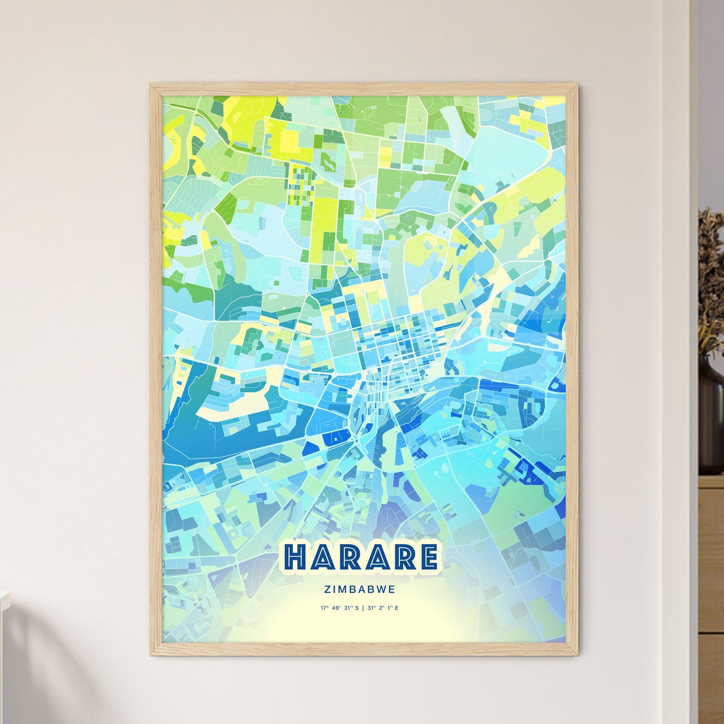 Colorful HARARE ZIMBABWE Fine Art Map Cool Blue