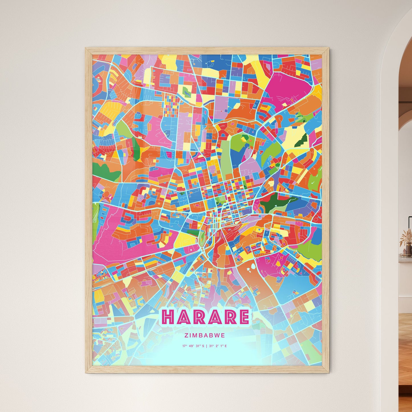 Colorful HARARE ZIMBABWE Fine Art Map Crazy Colors