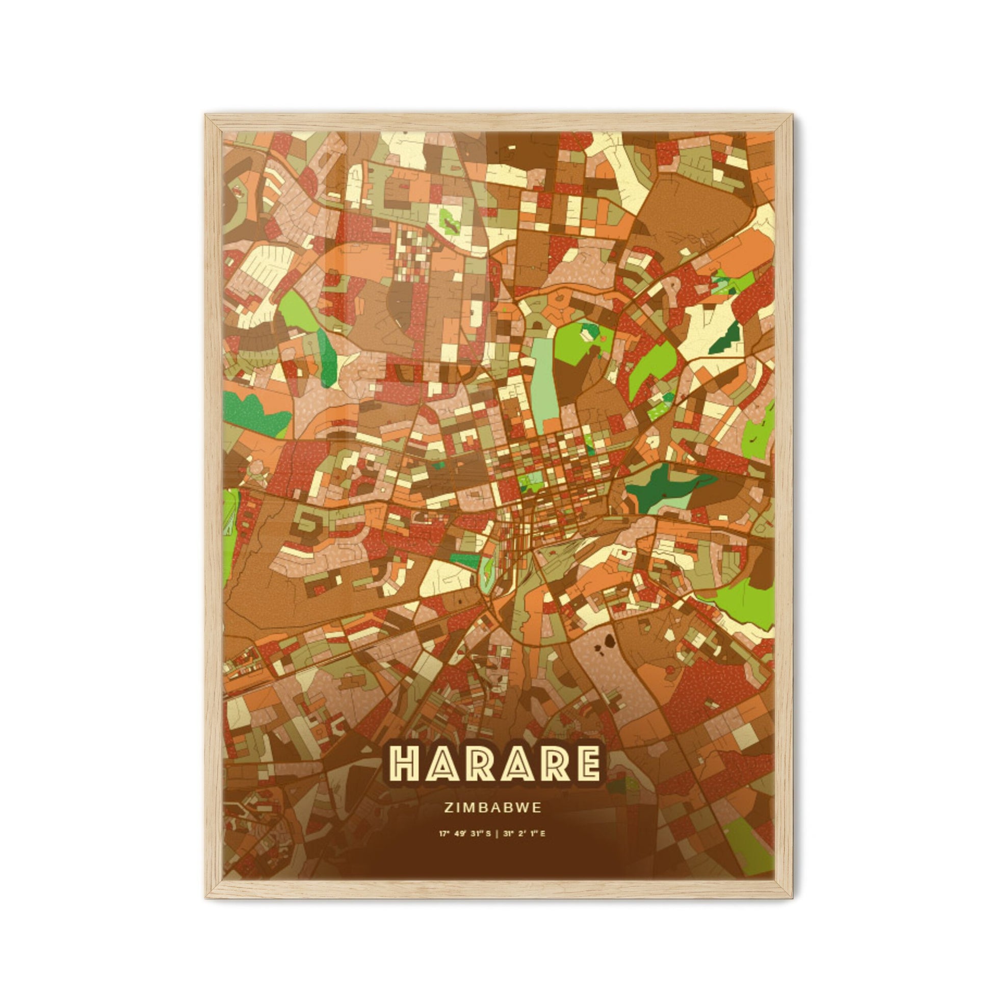 Colorful HARARE ZIMBABWE Fine Art Map Farmhouse