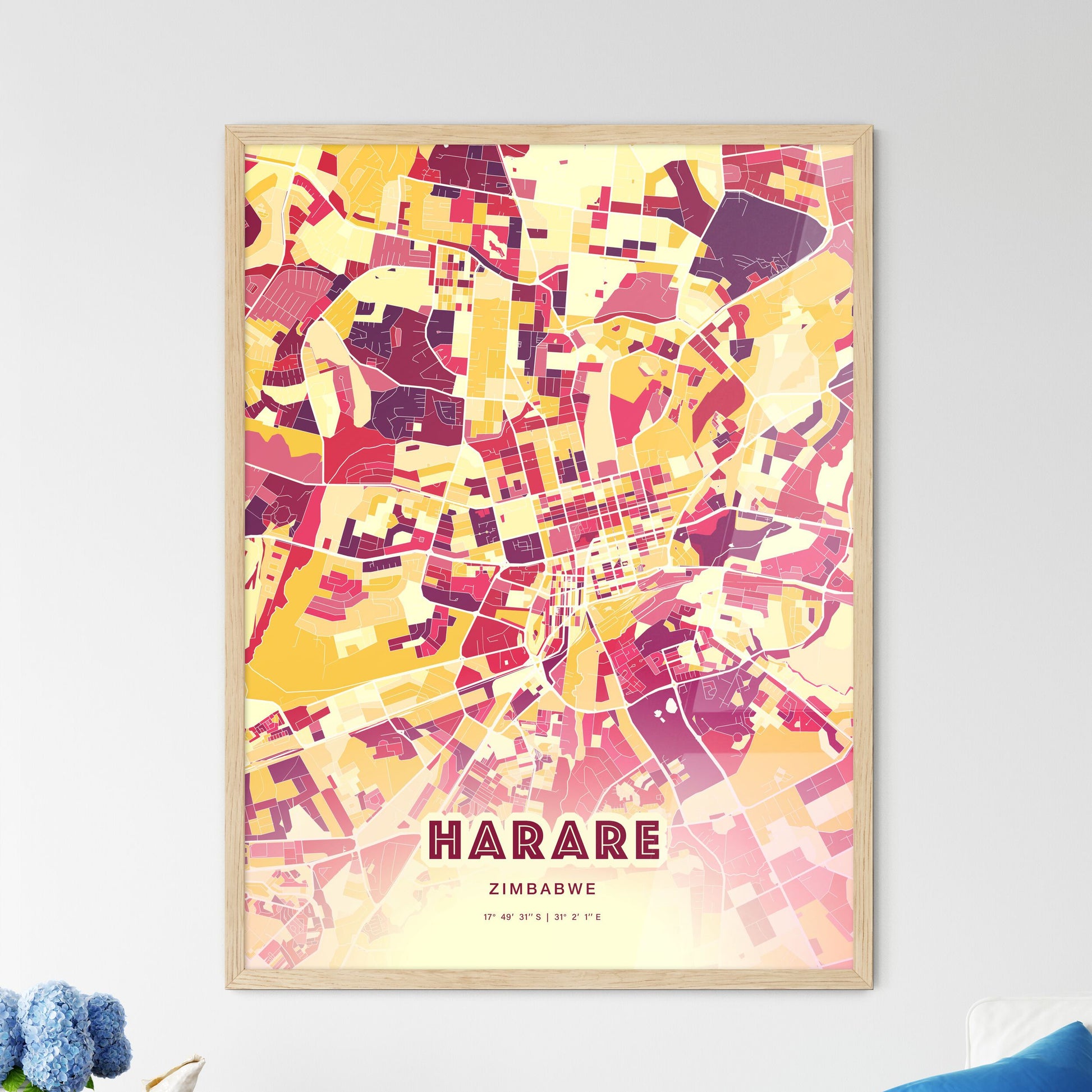 Colorful HARARE ZIMBABWE Fine Art Map Hot Red