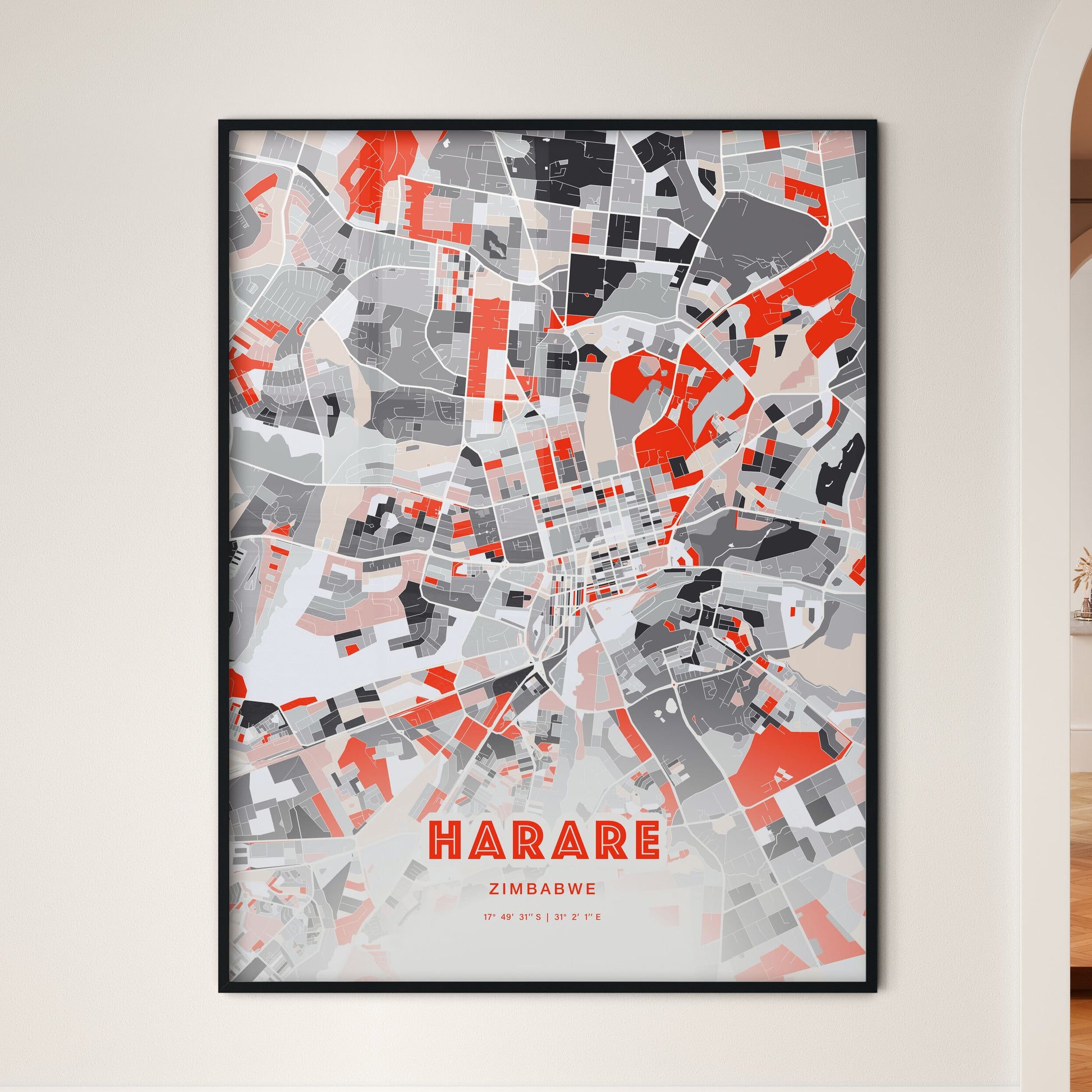 Colorful HARARE ZIMBABWE Fine Art Map Modern