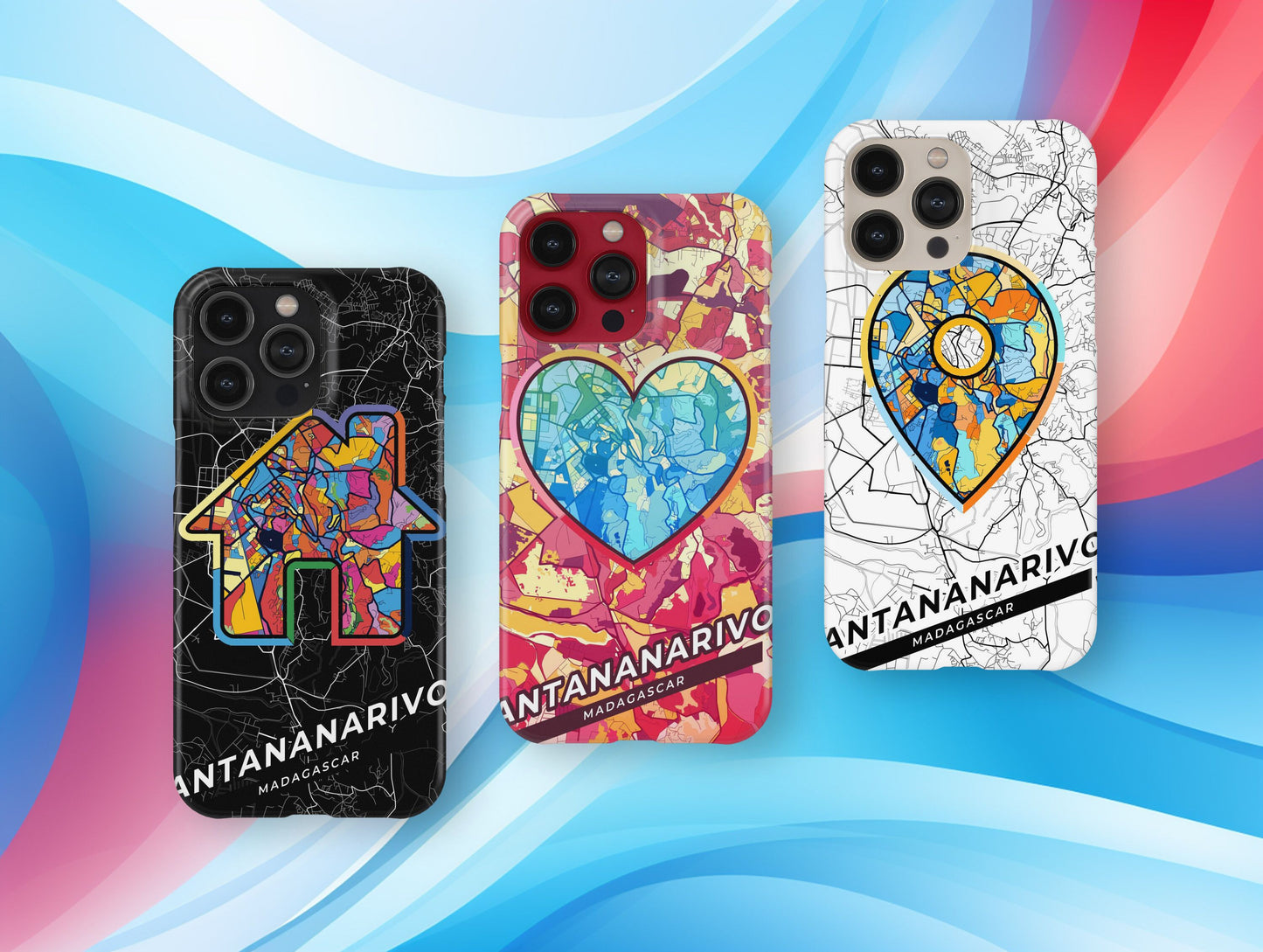 Antananarivo Madagascar slim phone case with colorful icon. Birthday, wedding or housewarming gift. Couple match cases.