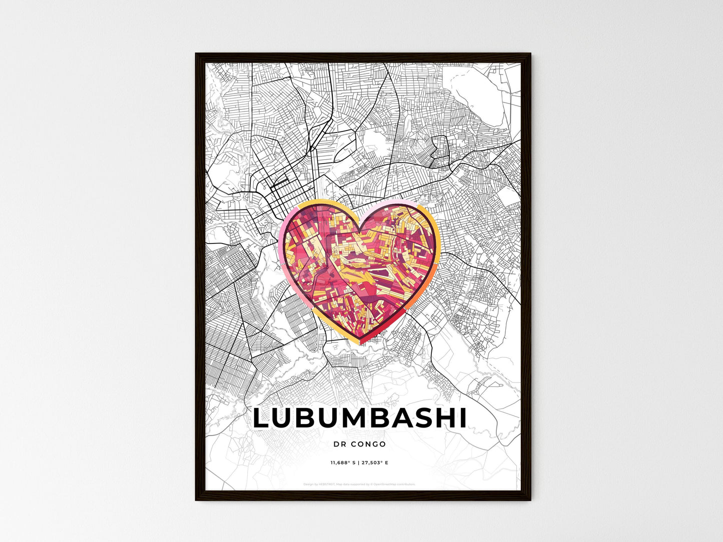Lubumbashi Dr Congo wedding art map with heart icon
