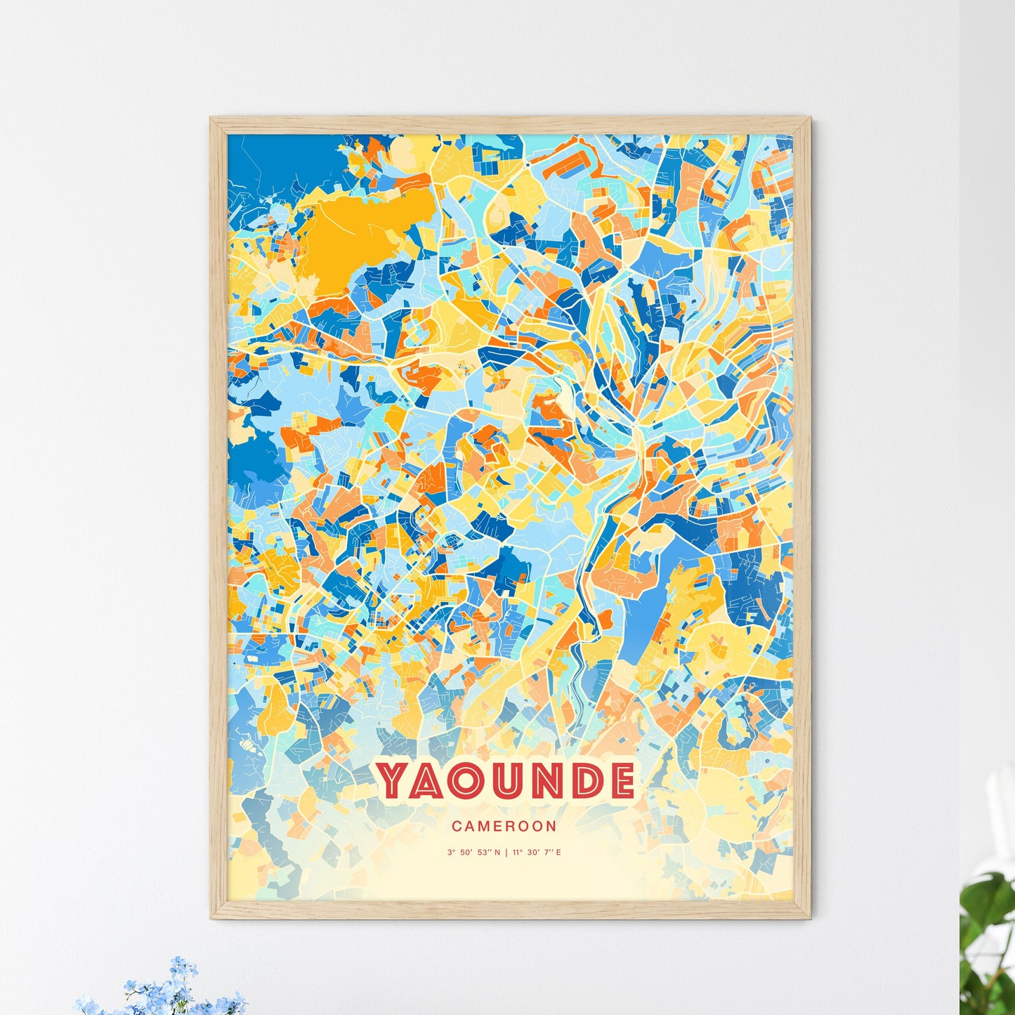 Colorful Yaounde Cameroon Fine Art Map Blue Orange