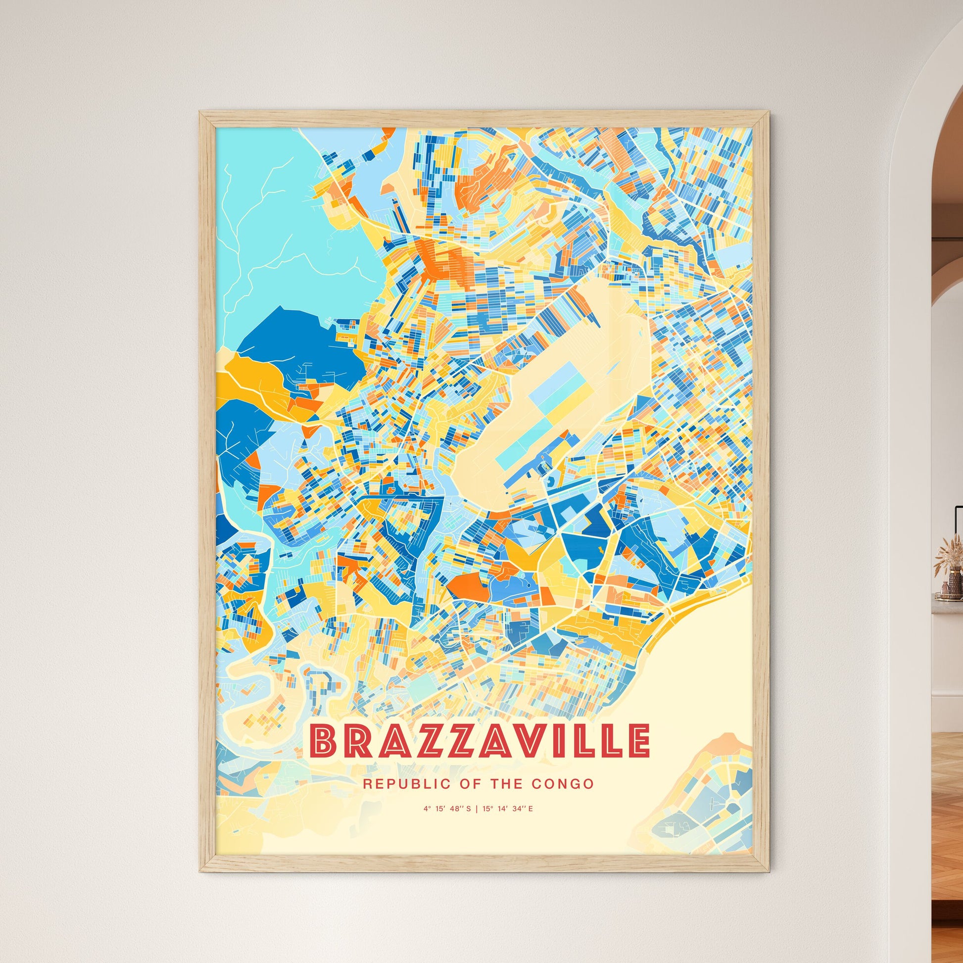 Colorful BRAZZAVILLE REPUBLIC OF THE CONGO Fine Art Map Blue Orange