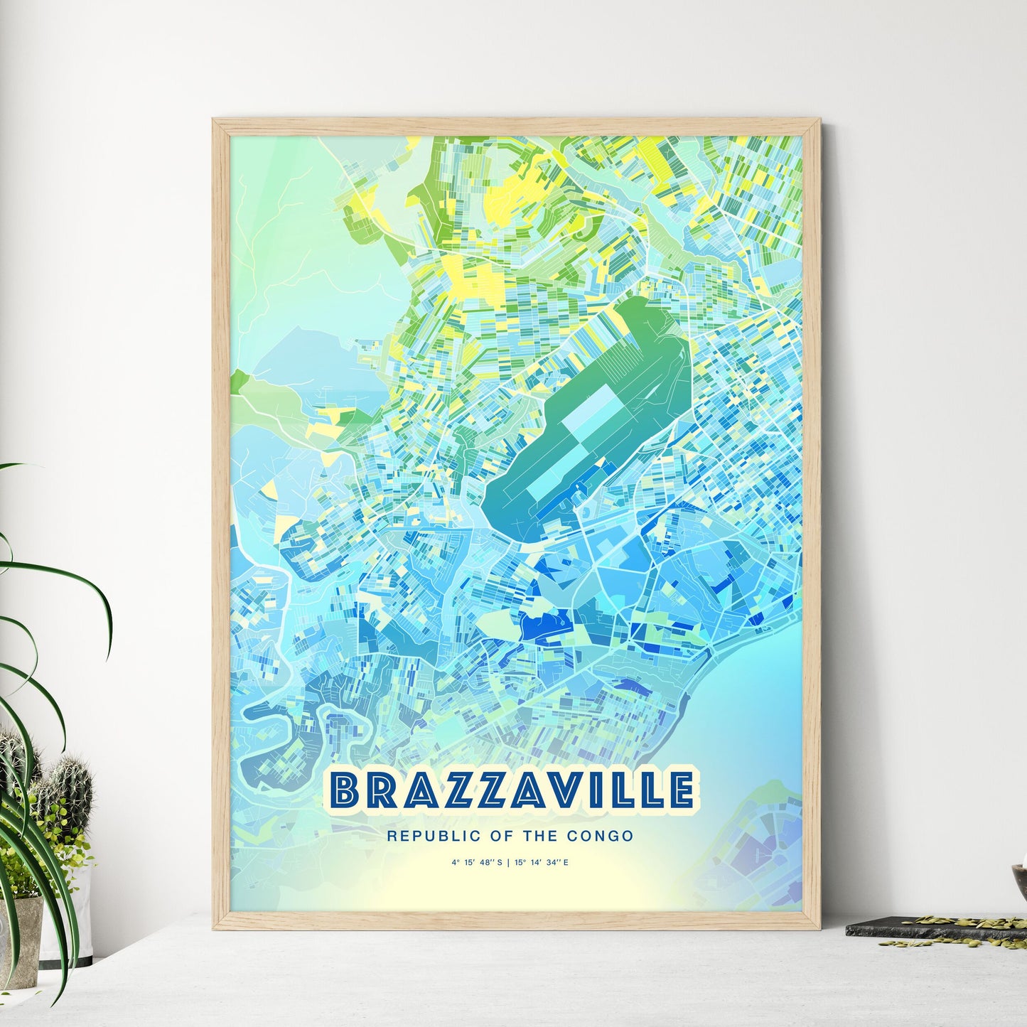 Colorful BRAZZAVILLE REPUBLIC OF THE CONGO Fine Art Map Cool Blue