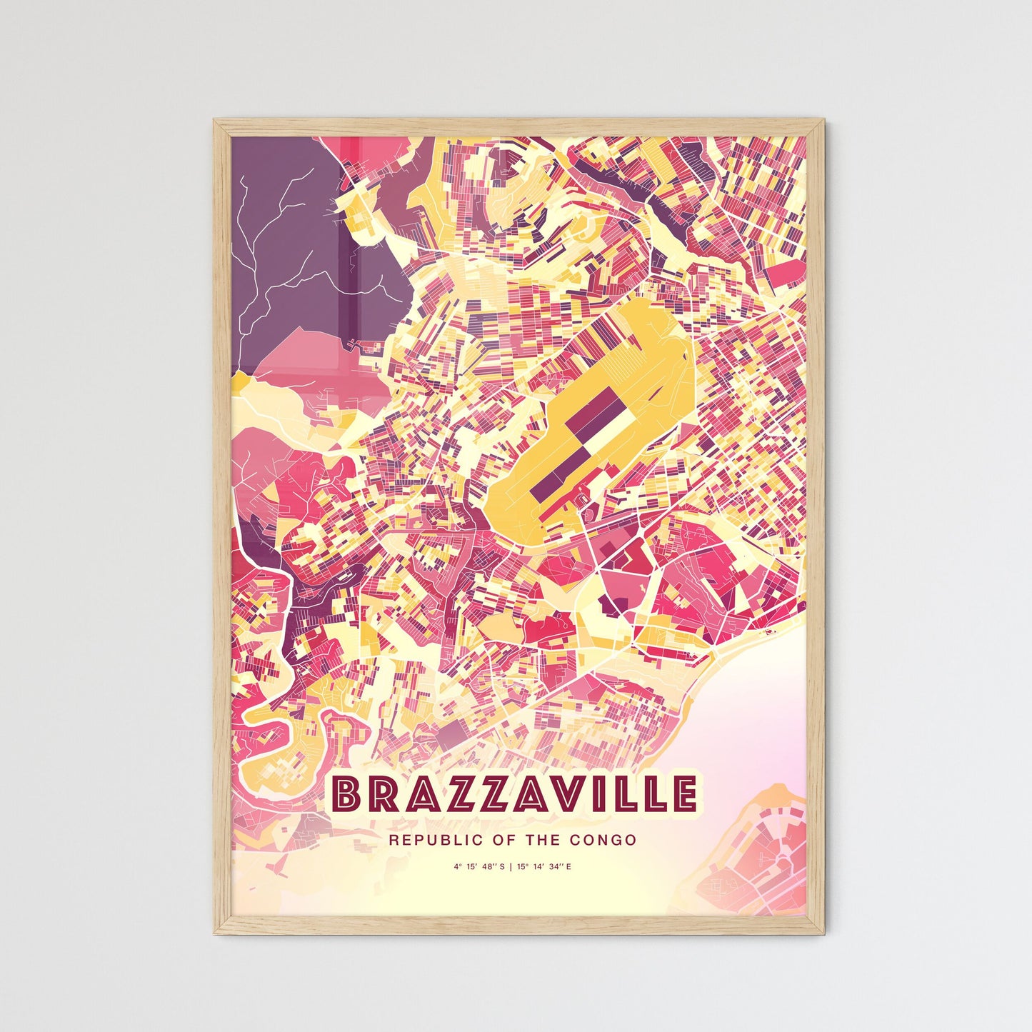 Colorful BRAZZAVILLE REPUBLIC OF THE CONGO Fine Art Map Hot Red