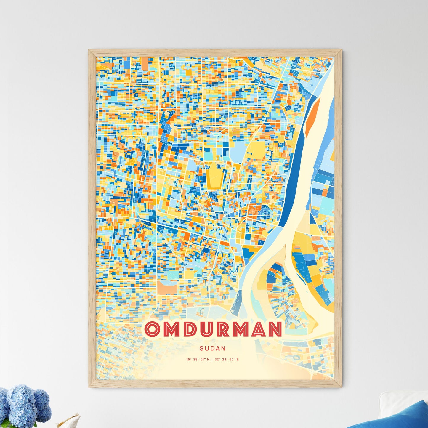 Colorful Omdurman Sudan Fine Art Map Blue Orange