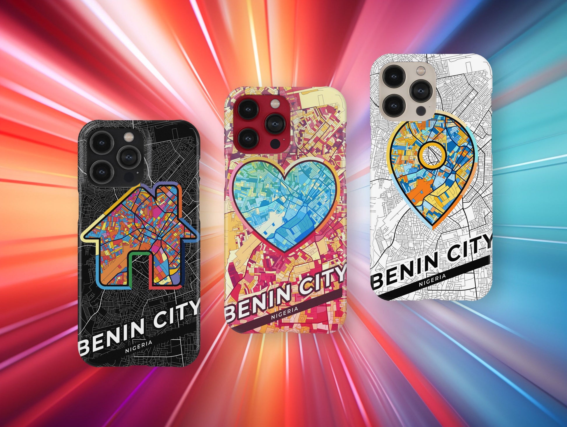 Benin City Nigeria slim phone case with colorful icon. Birthday, wedding or housewarming gift. Couple match cases.