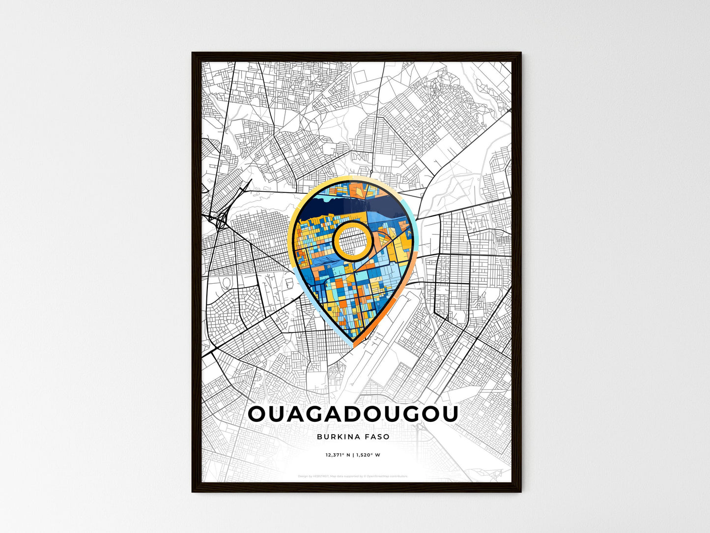 Ouagadougou Burkina Faso wedding art map with pointer icon