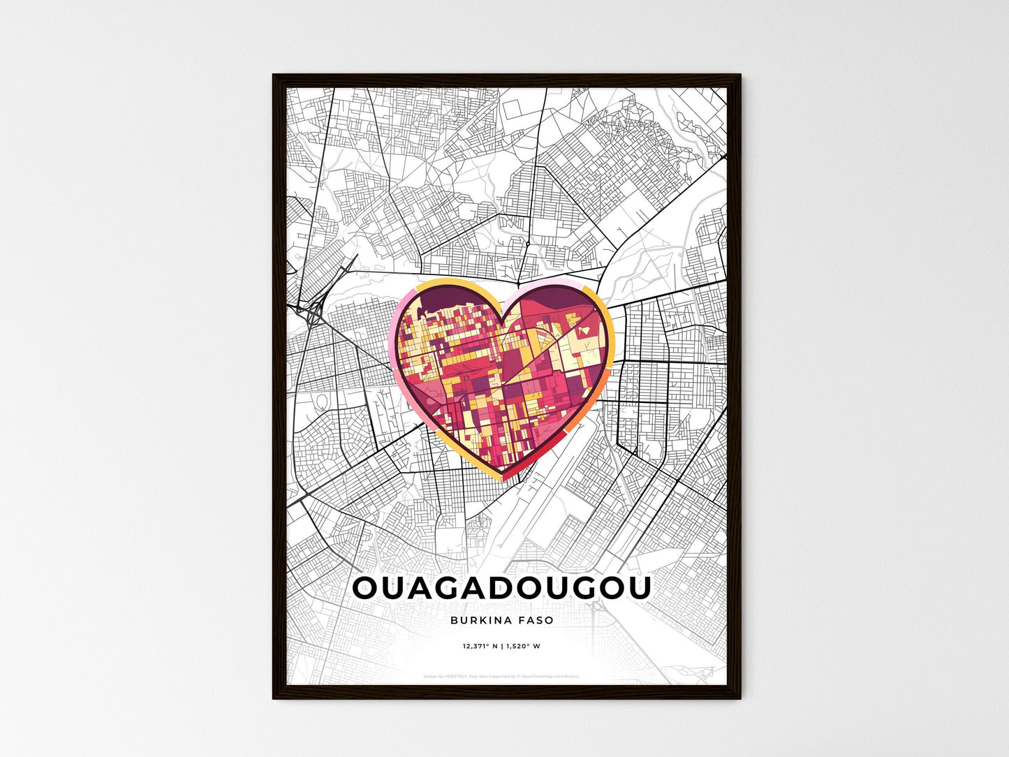 Ouagadougou Burkina Faso wedding art map with heart icon