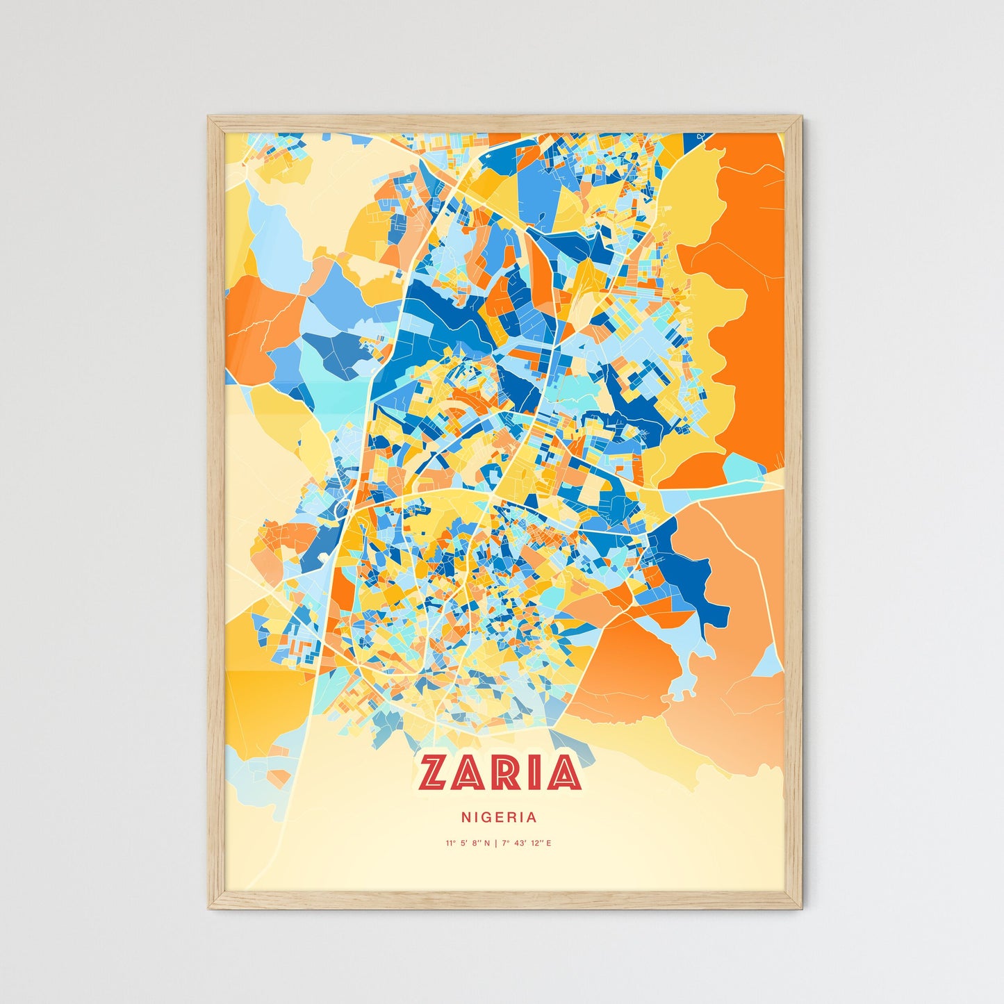 Colorful Zaria Nigeria Fine Art Map Blue Orange