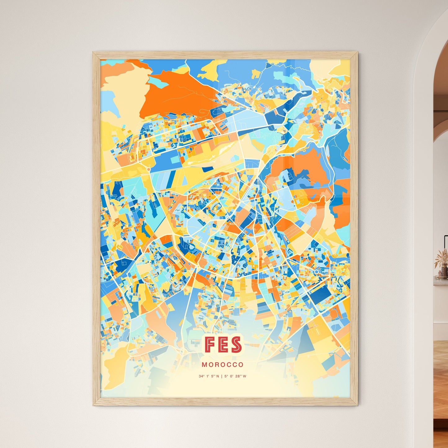 Colorful FES MOROCCO Fine Art Map Blue Orange