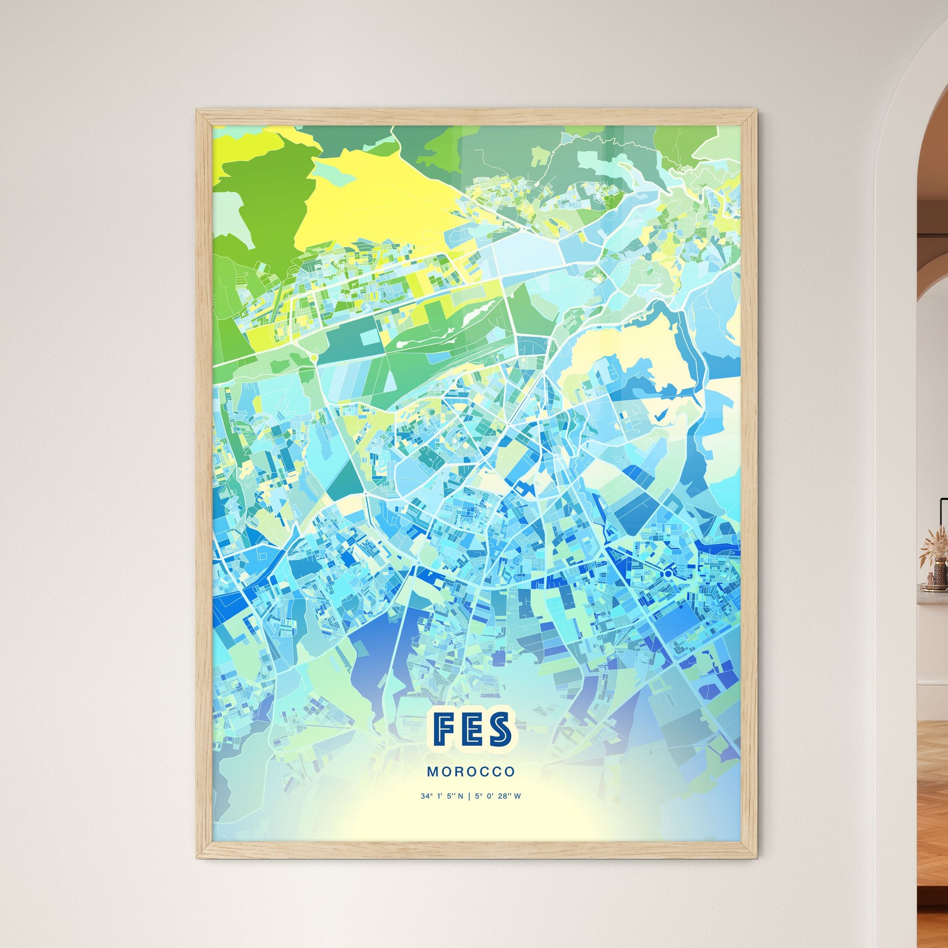 Colorful FES MOROCCO Fine Art Map Cool Blue