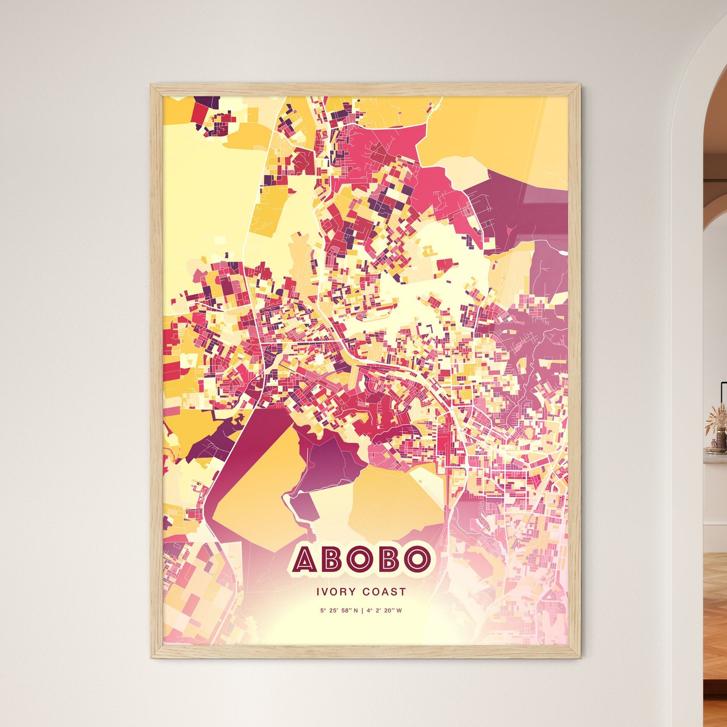 Colorful ABOBO IVORY COAST Fine Art Map Hot Red