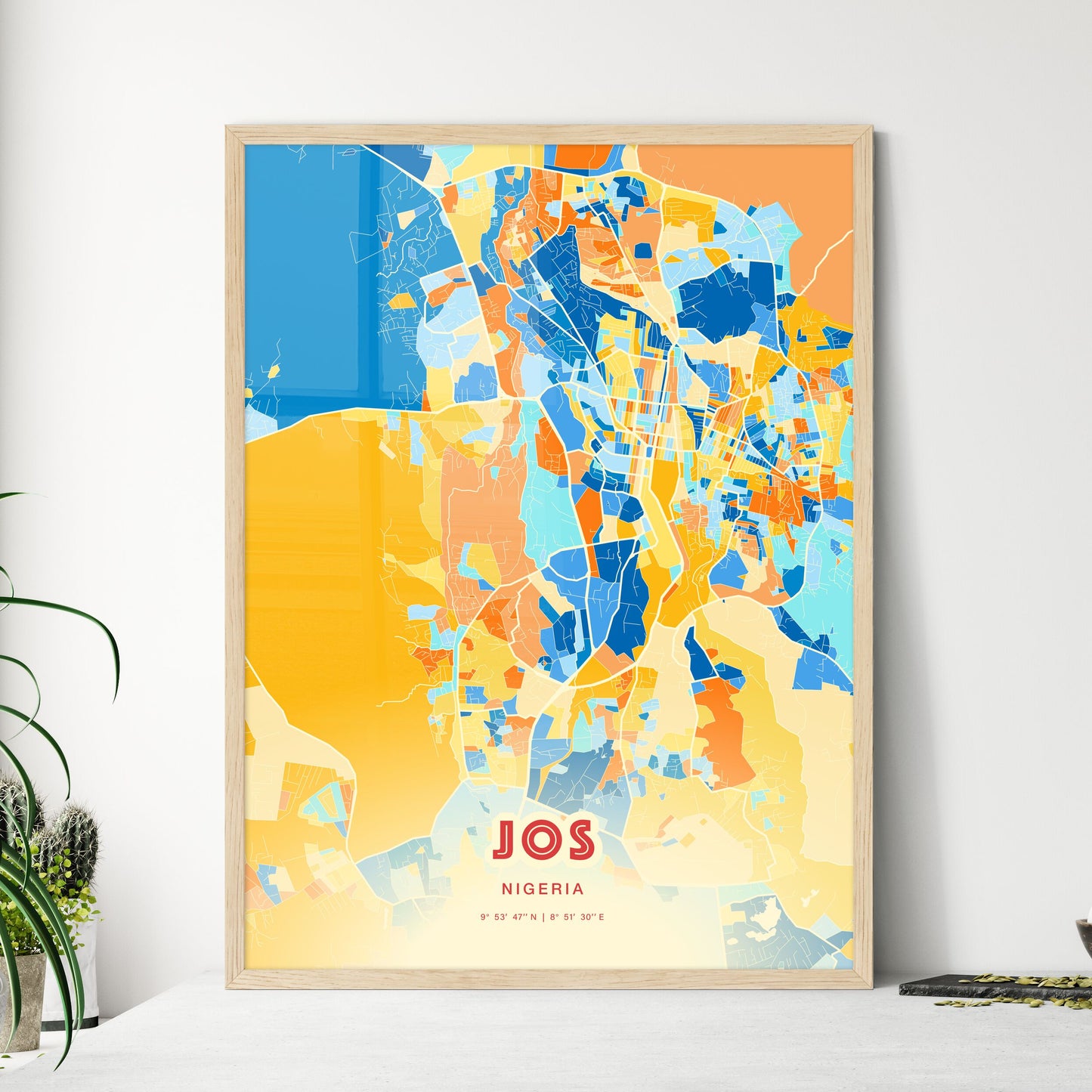 Colorful JOS NIGERIA Fine Art Map Blue Orange