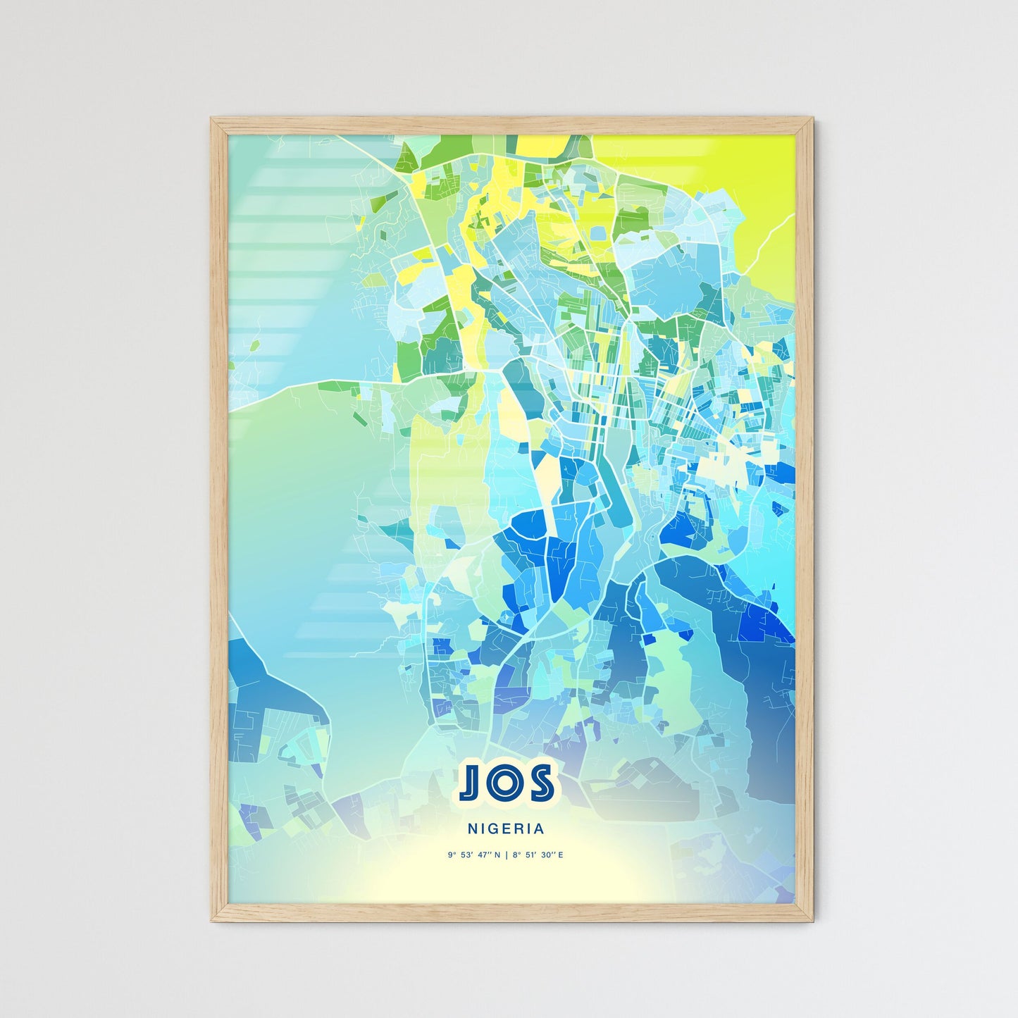 Colorful JOS NIGERIA Fine Art Map Cool Blue