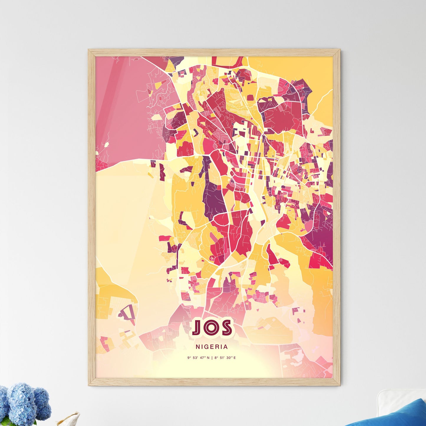 Colorful JOS NIGERIA Fine Art Map Hot Red