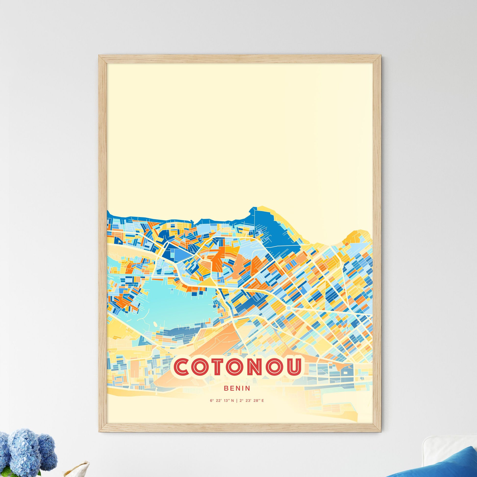 Colorful COTONOU BENIN Fine Art Map Blue Orange