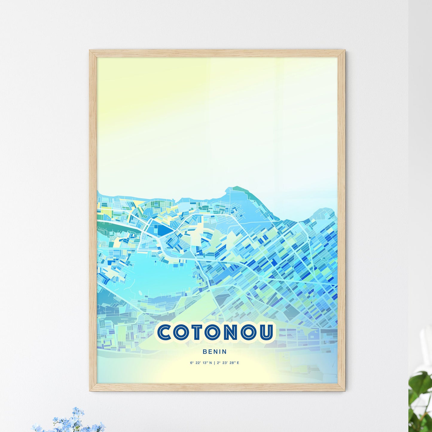 Colorful COTONOU BENIN Fine Art Map Cool Blue