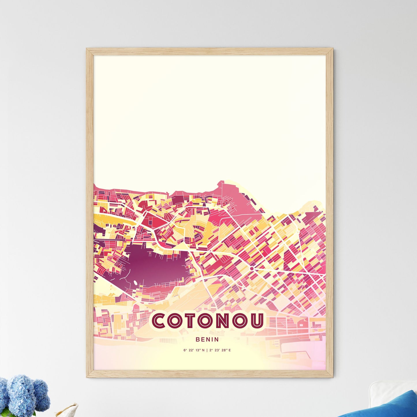 Colorful COTONOU BENIN Fine Art Map Hot Red