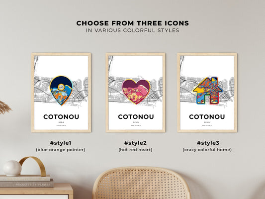 Cotonou Benin maps with colorful icons
