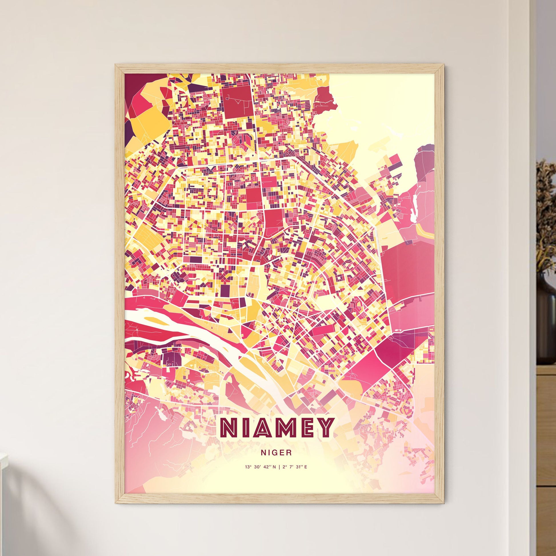 Colorful NIAMEY NIGER Fine Art Map Hot Red