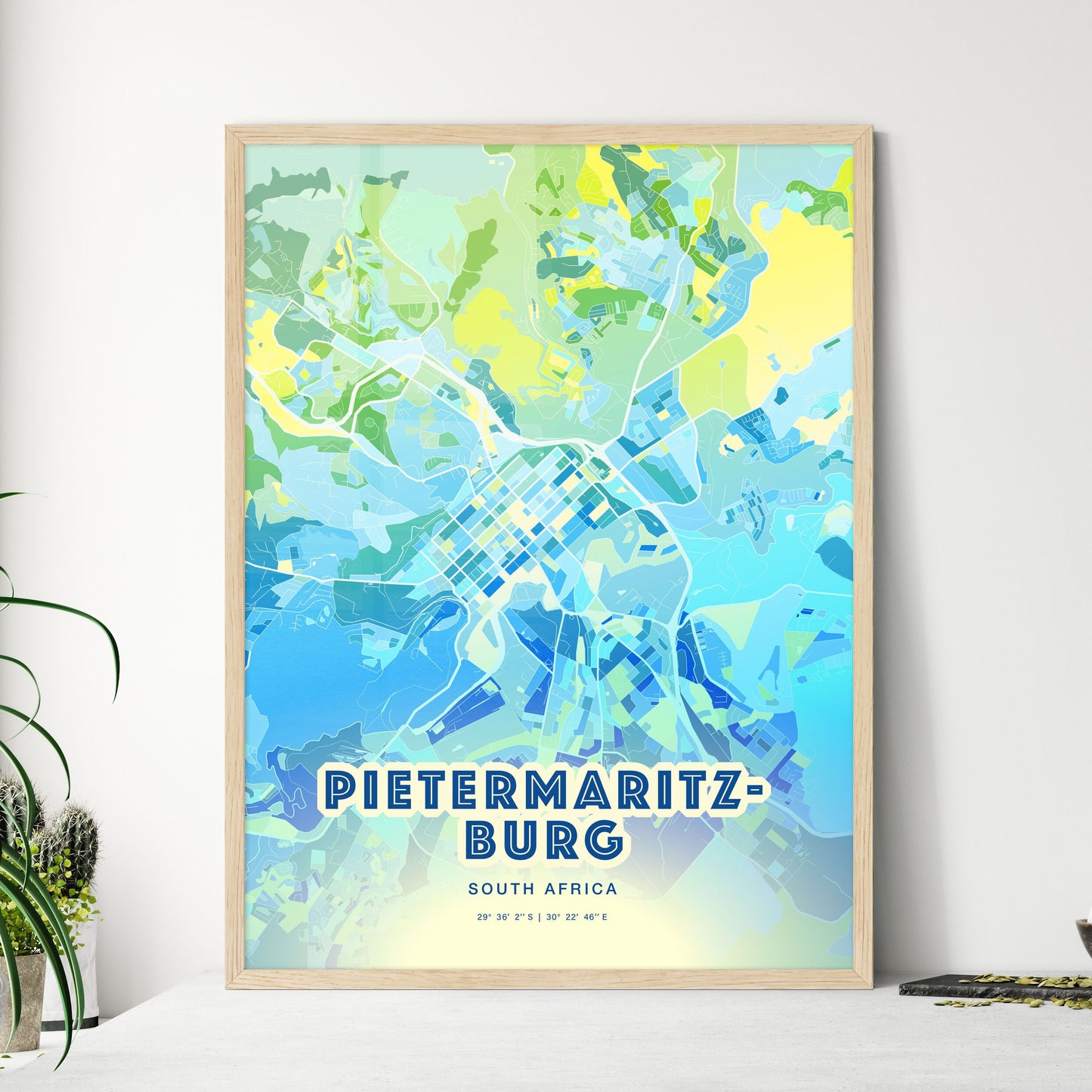 Colorful PIETERMARITZBURG SOUTH AFRICA Fine Art Map Cool Blue