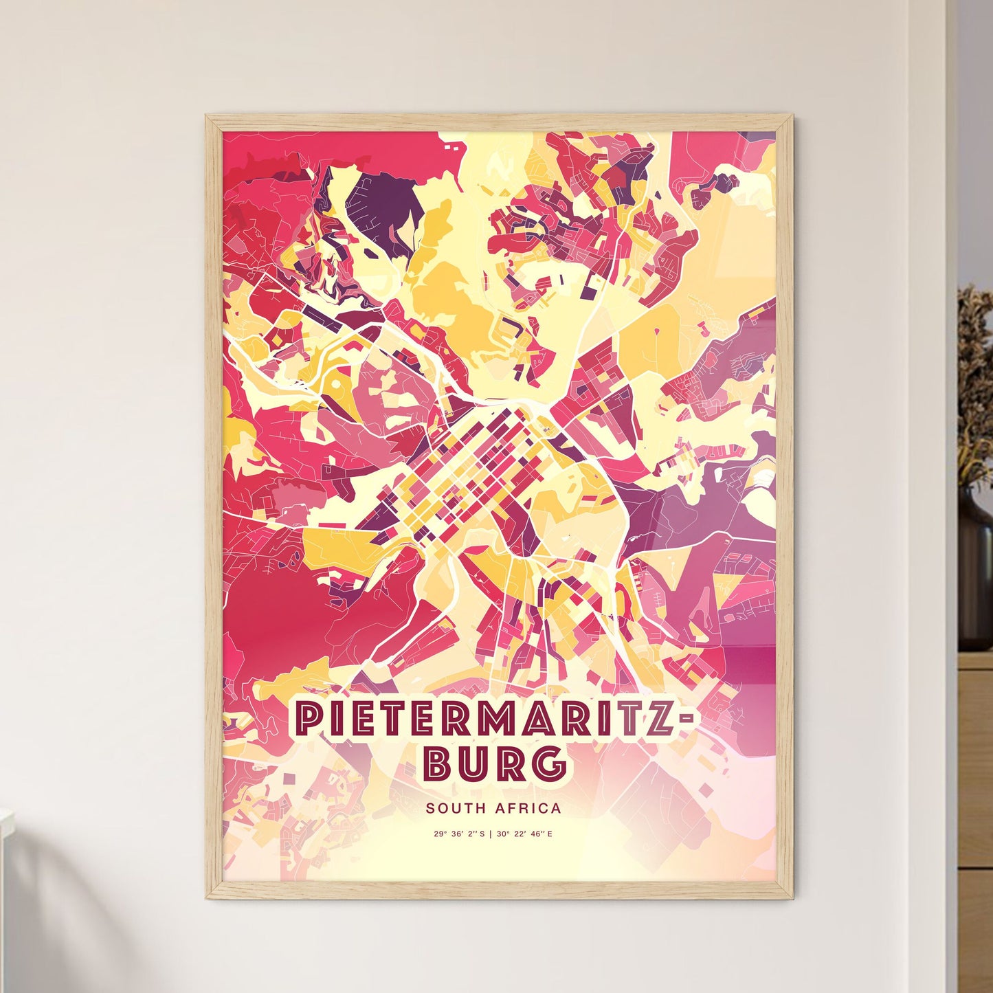 Colorful PIETERMARITZBURG SOUTH AFRICA Fine Art Map Hot Red