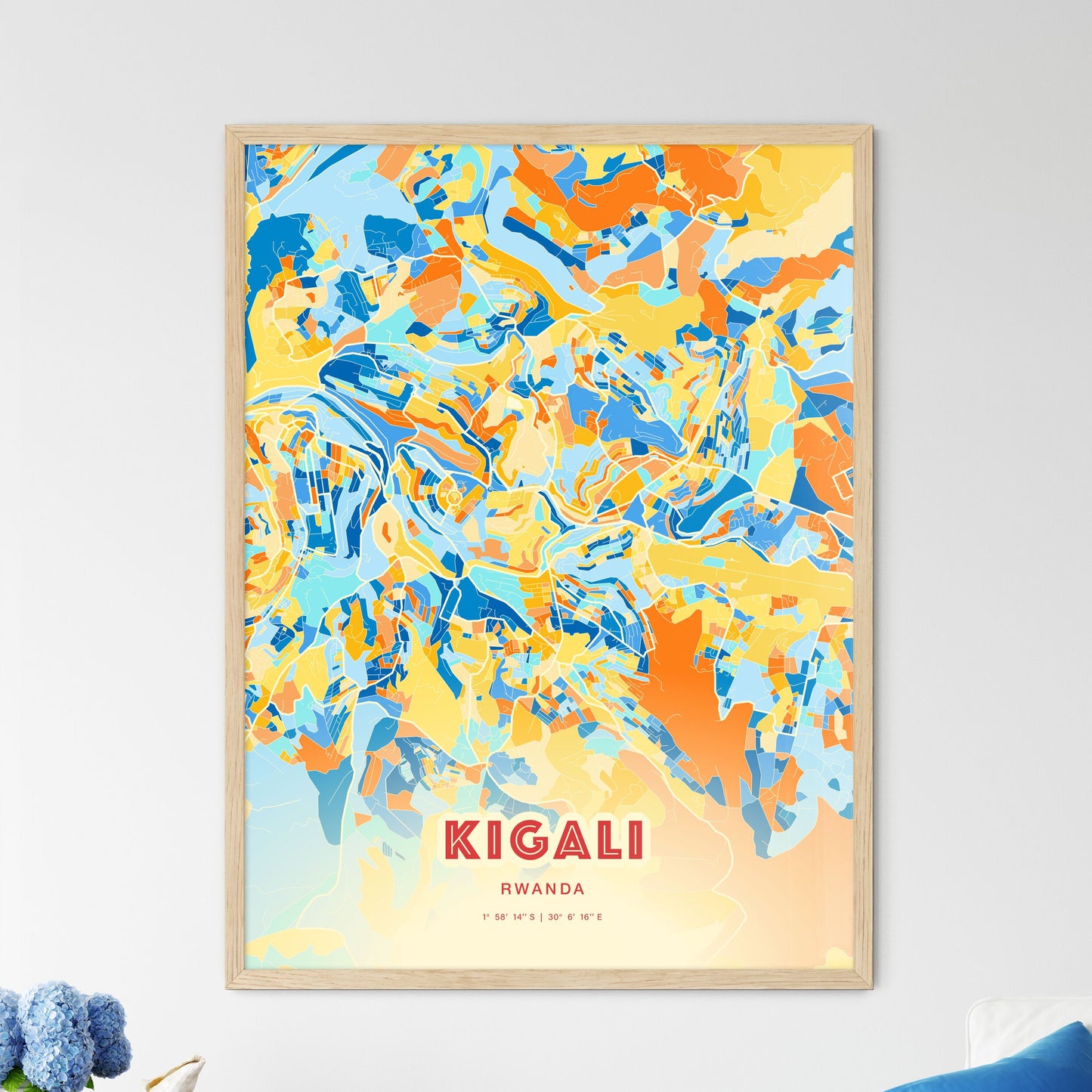 Colorful Kigali Rwanda Fine Art Map Blue Orange