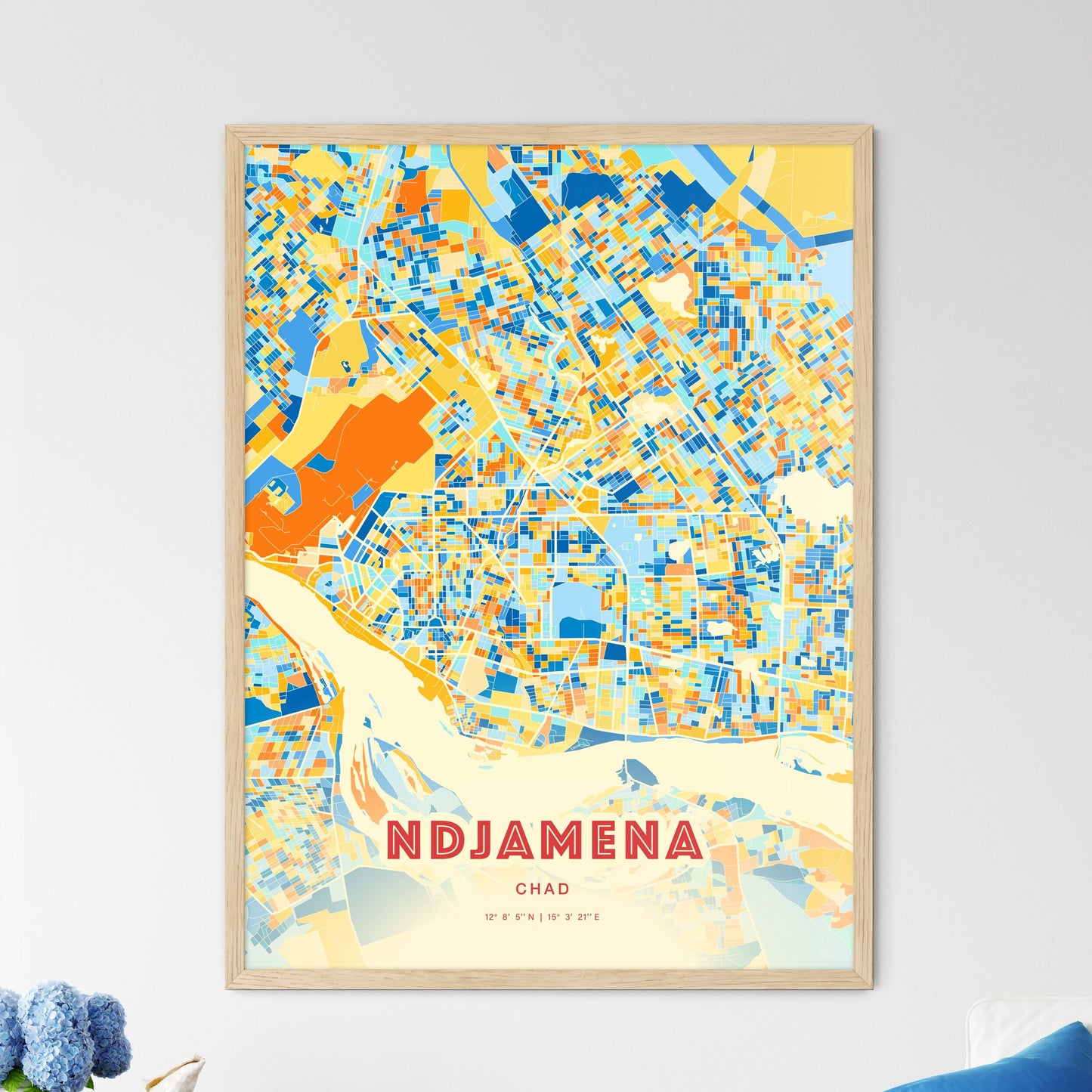 Colorful Ndjamena Chad Fine Art Map Blue Orange
