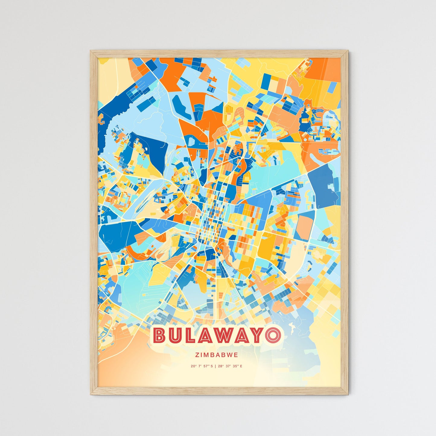 Colorful BULAWAYO ZIMBABWE Fine Art Map Blue Orange