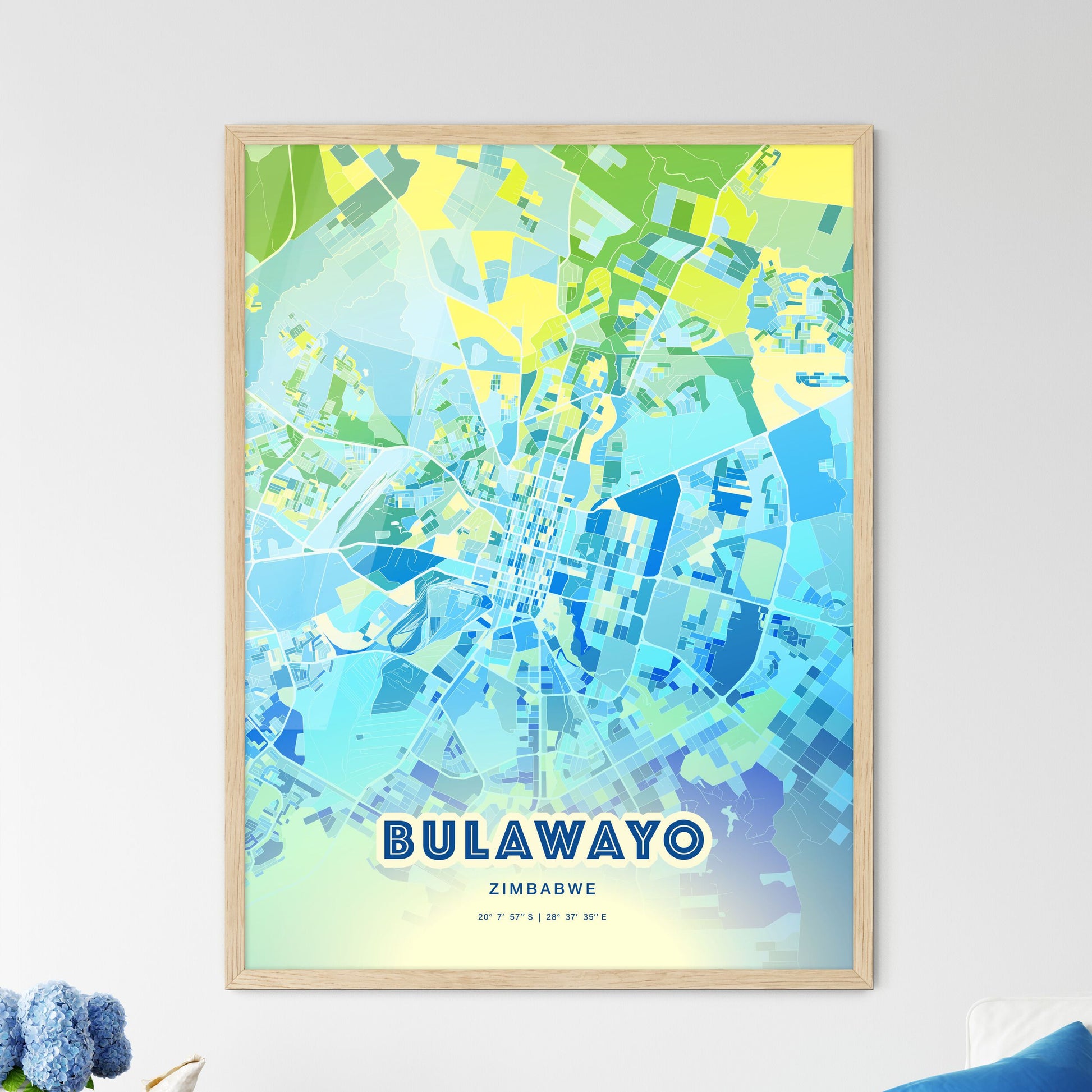 Colorful BULAWAYO ZIMBABWE Fine Art Map Cool Blue