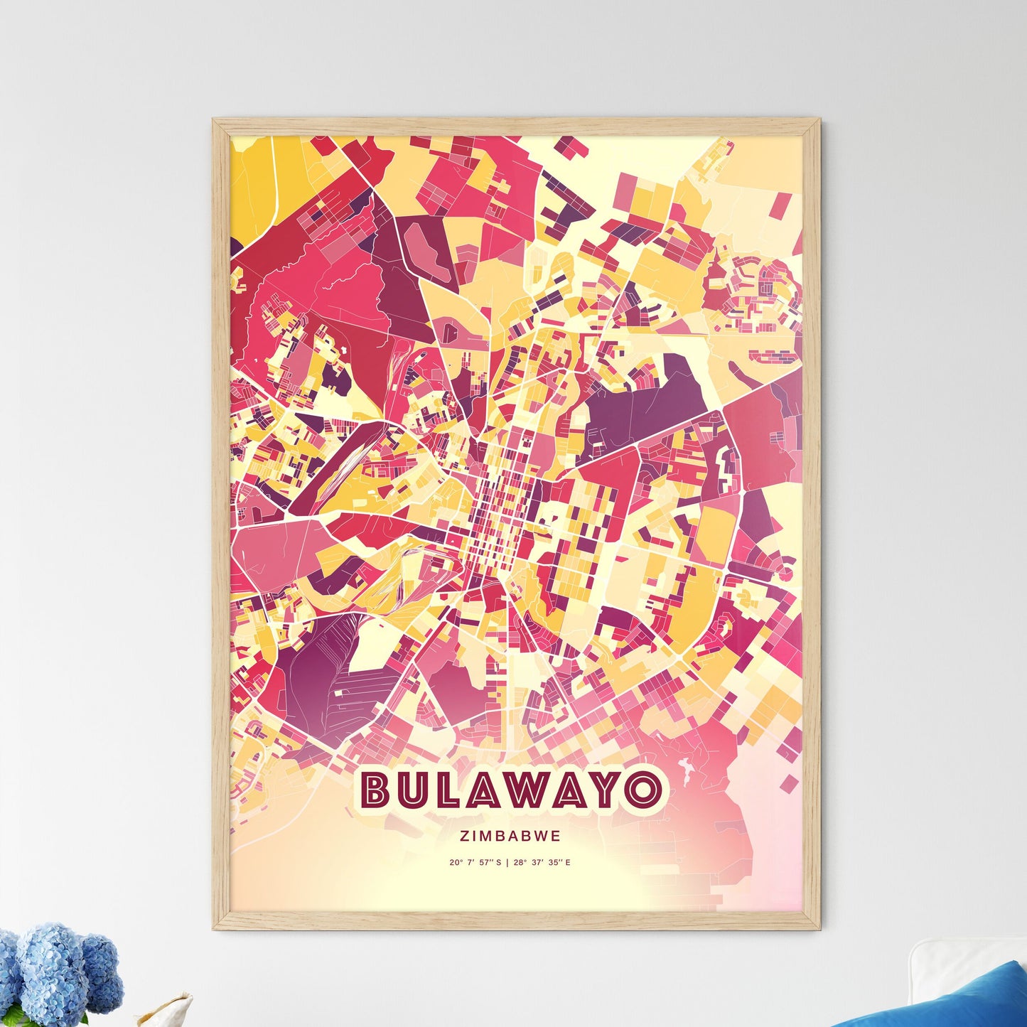 Colorful BULAWAYO ZIMBABWE Fine Art Map Hot Red