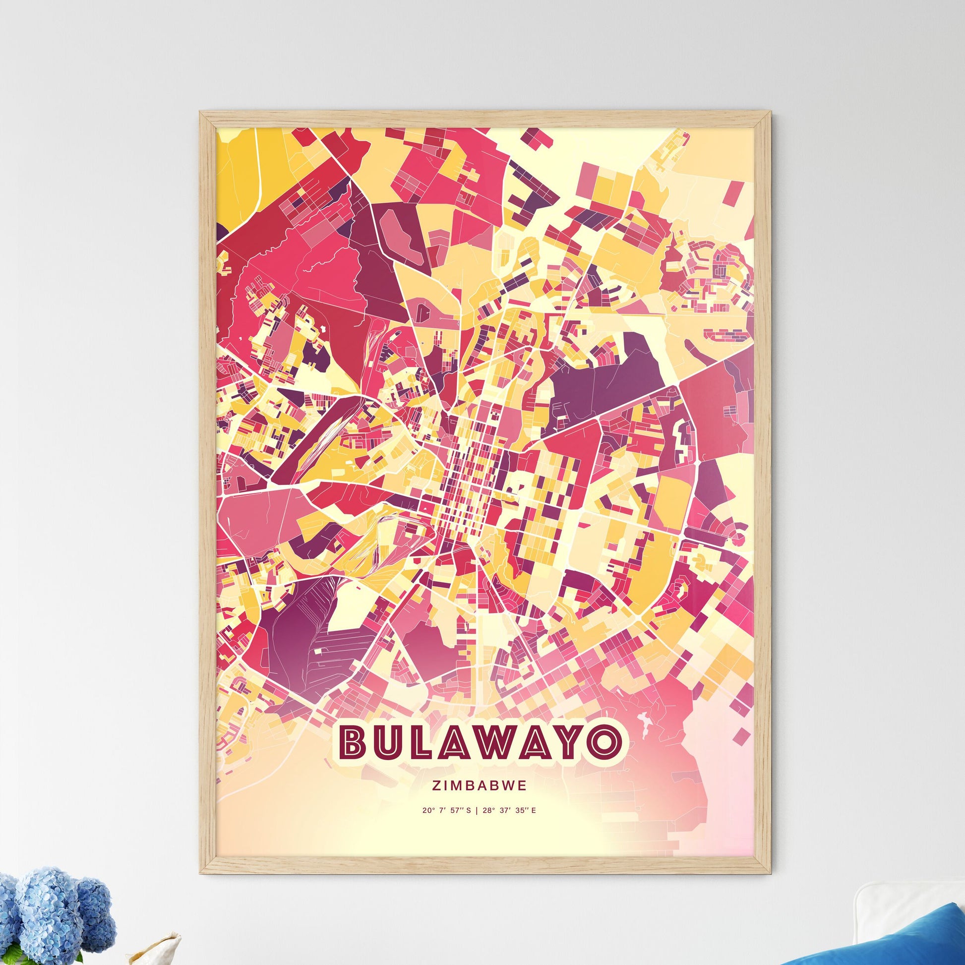 Colorful BULAWAYO ZIMBABWE Fine Art Map Hot Red