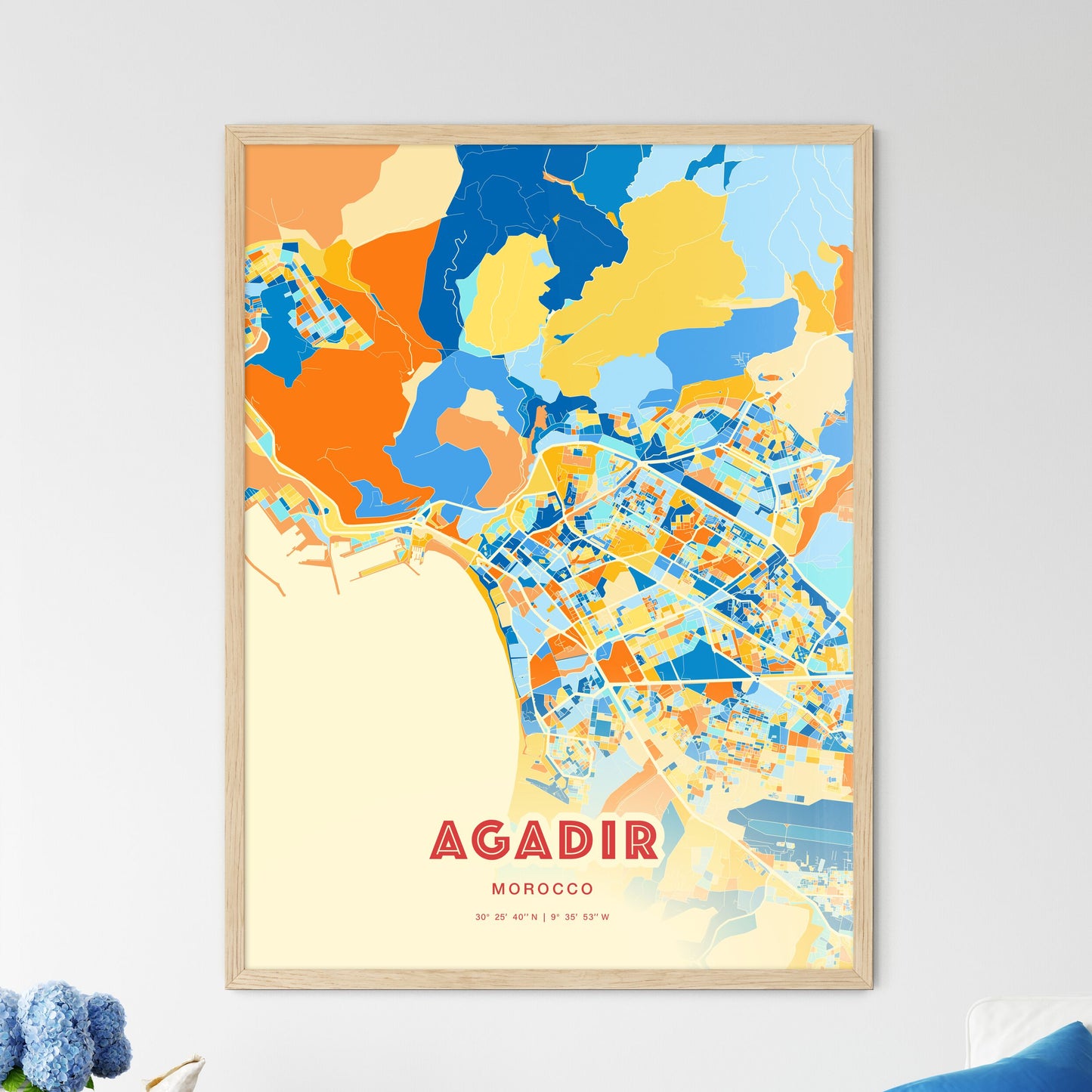 Colorful Agadir Morocco Fine Art Map Blue Orange