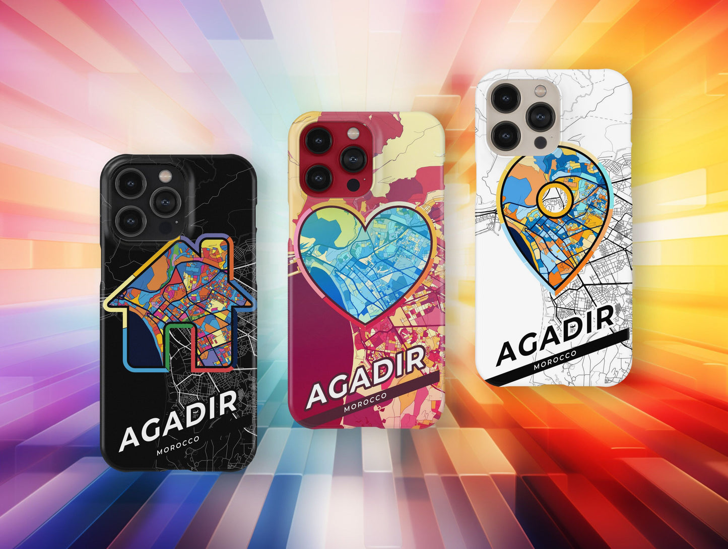 Agadir Morocco slim phone case with colorful icon. Birthday, wedding or housewarming gift. Couple match cases.