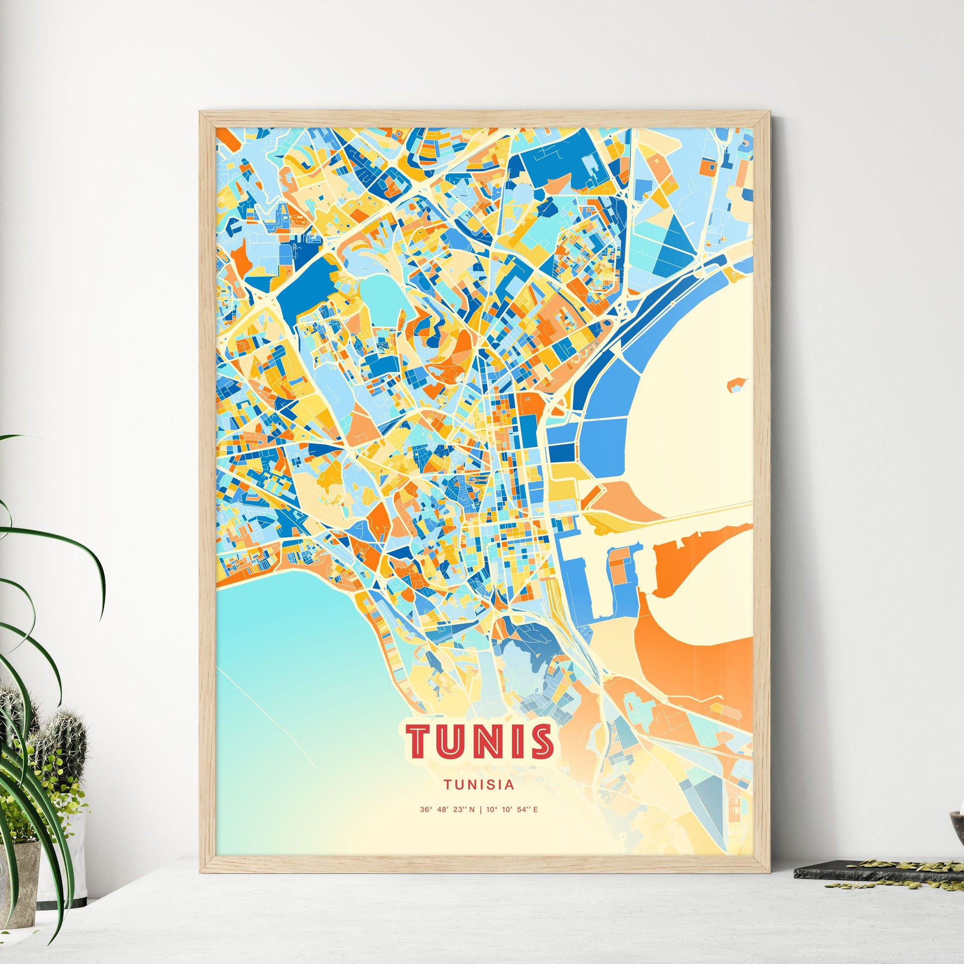 Colorful Tunis Tunisia Fine Art Map Blue Orange