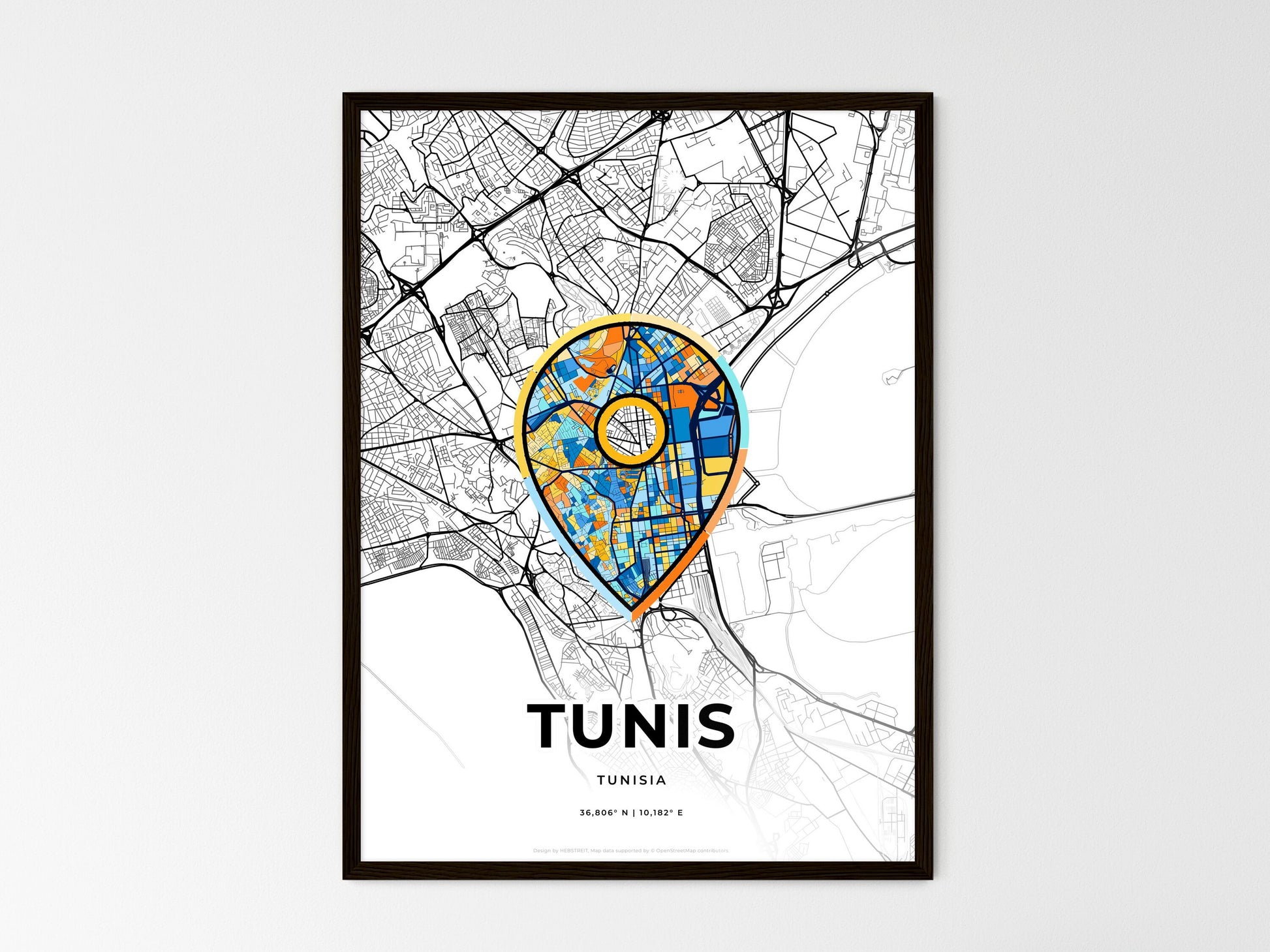Tunis Tunisia wedding art map with pointer icon