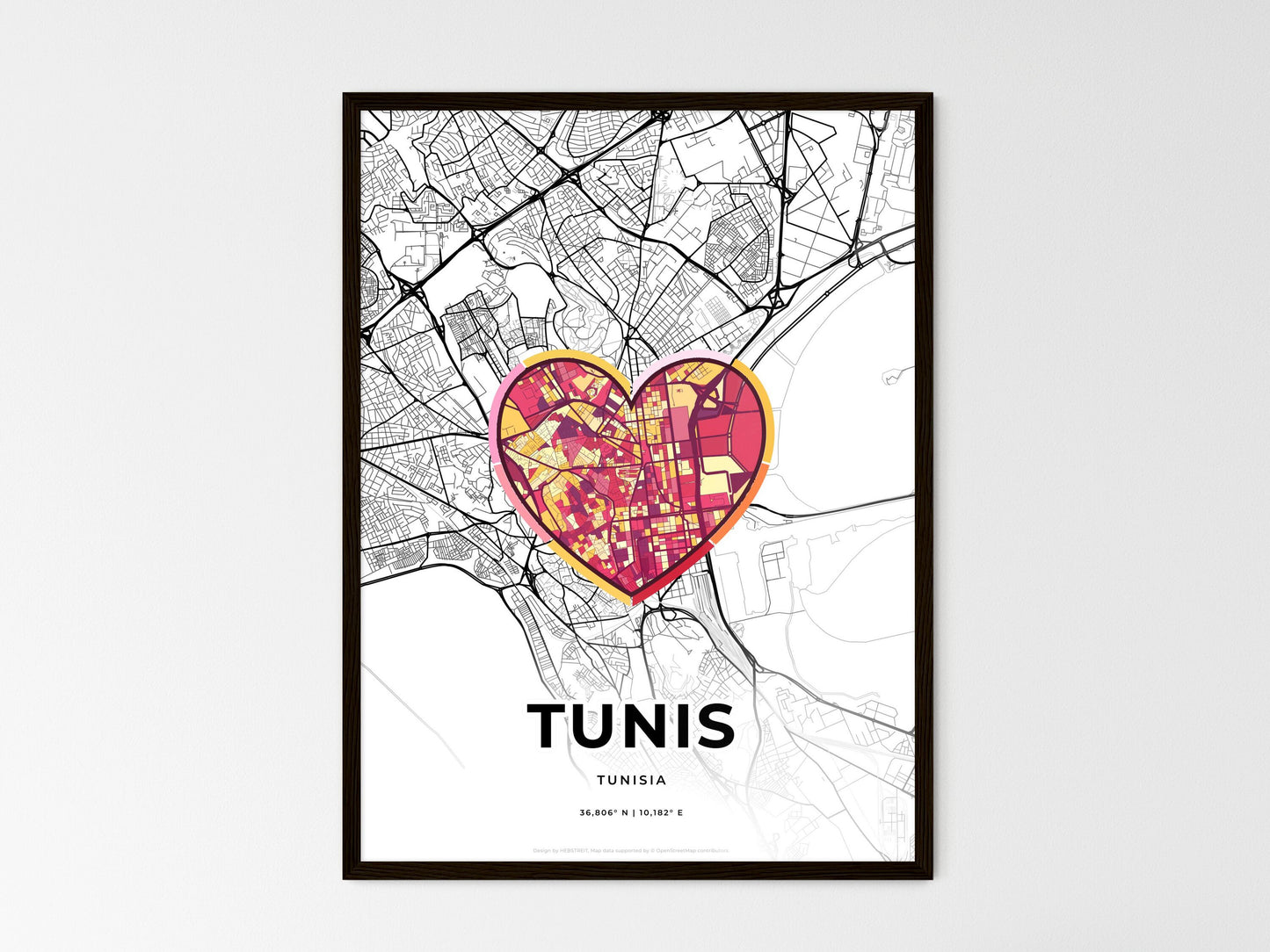Tunis Tunisia wedding art map with heart icon
