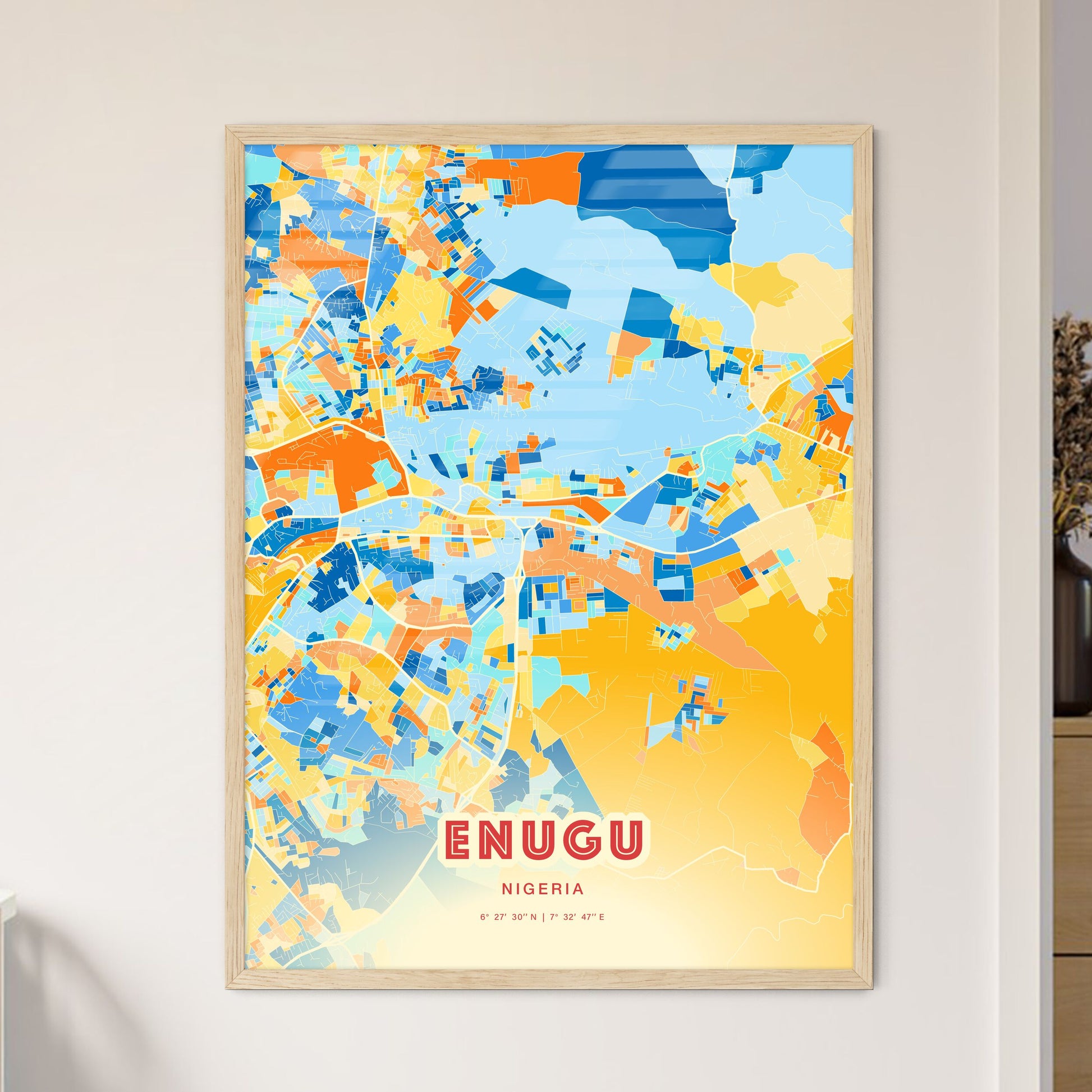 Colorful Enugu Nigeria Fine Art Map Blue Orange