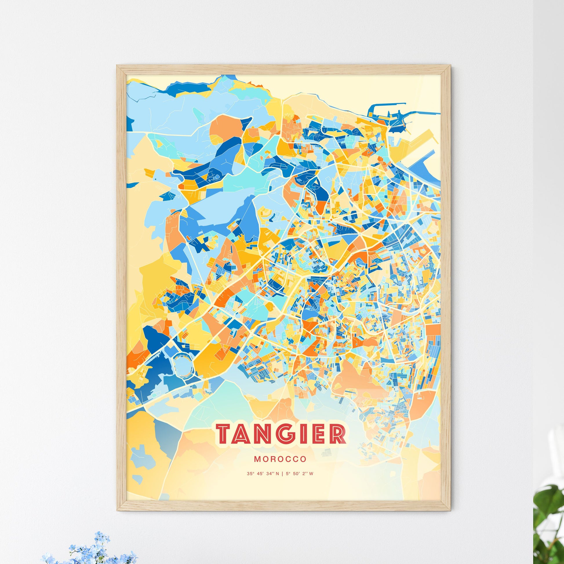 Colorful TANGIER MOROCCO Fine Art Map Blue Orange