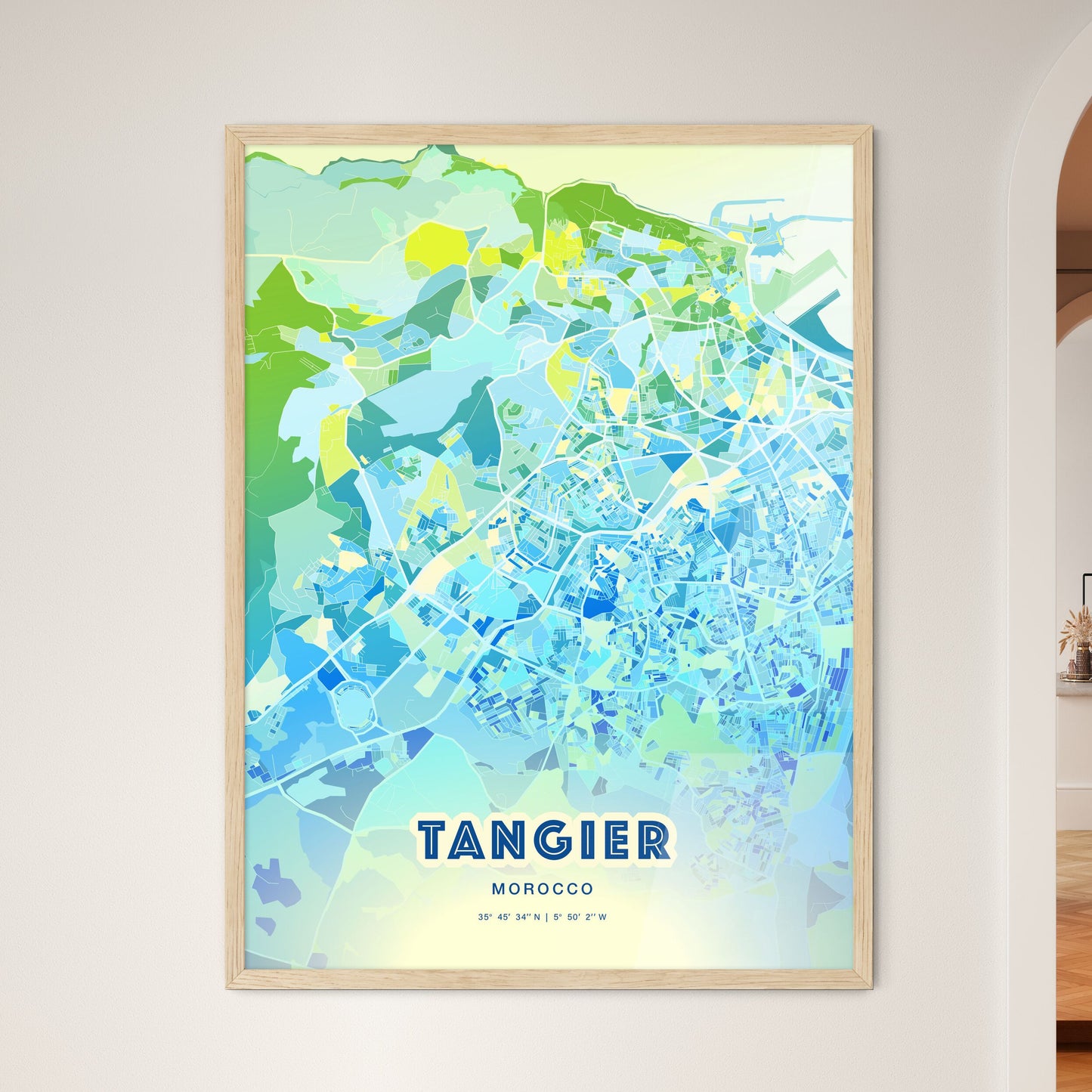 Colorful TANGIER MOROCCO Fine Art Map Cool Blue