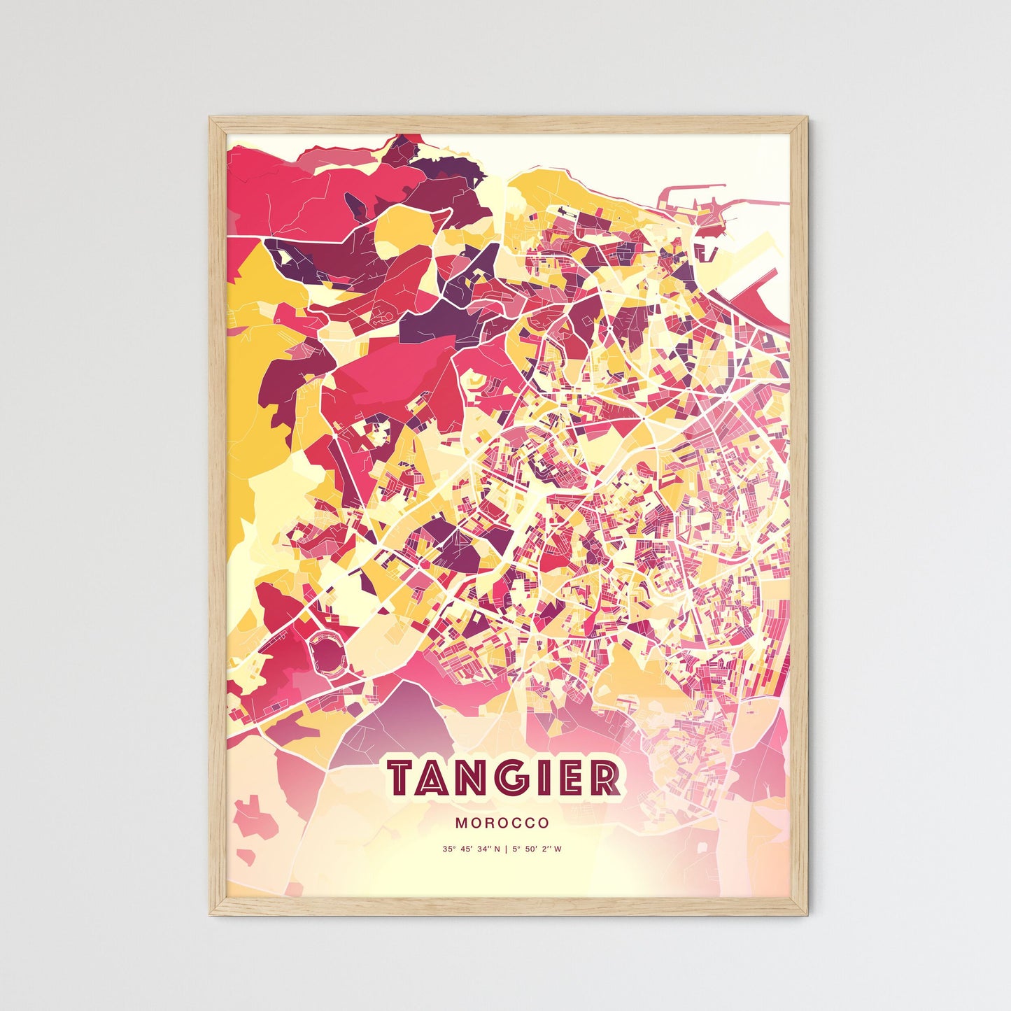 Colorful TANGIER MOROCCO Fine Art Map Hot Red