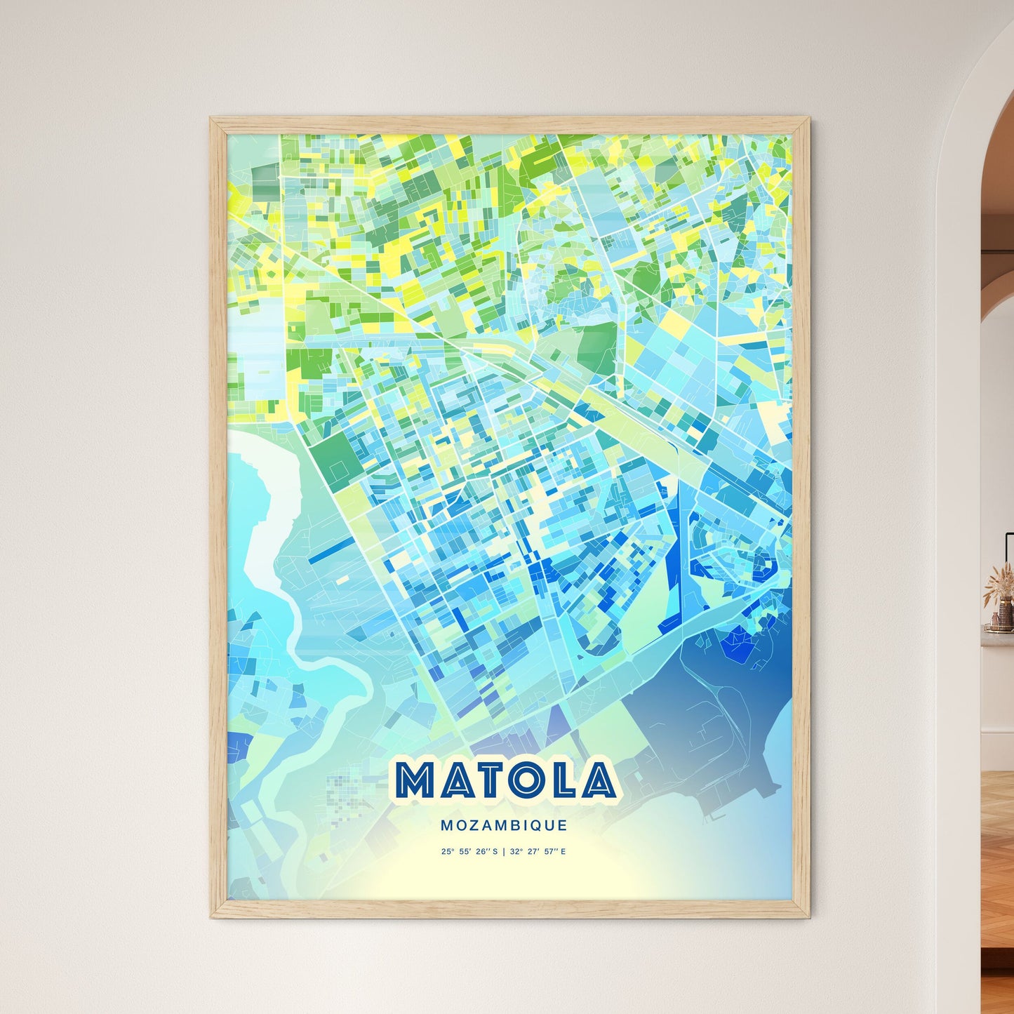 Colorful MATOLA MOZAMBIQUE Fine Art Map Cool Blue