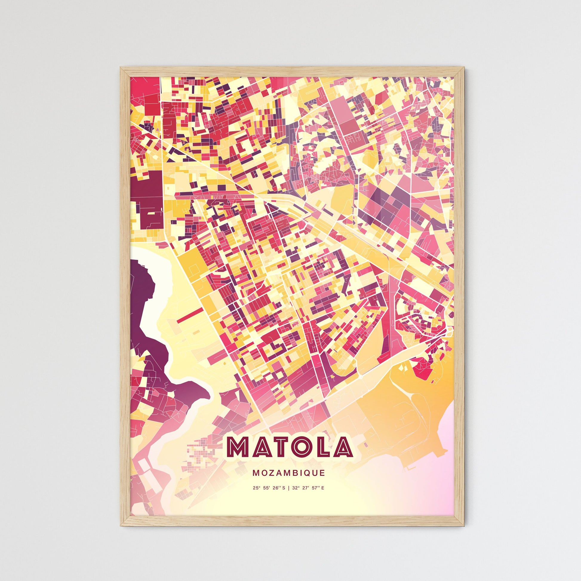 Colorful MATOLA MOZAMBIQUE Fine Art Map Hot Red