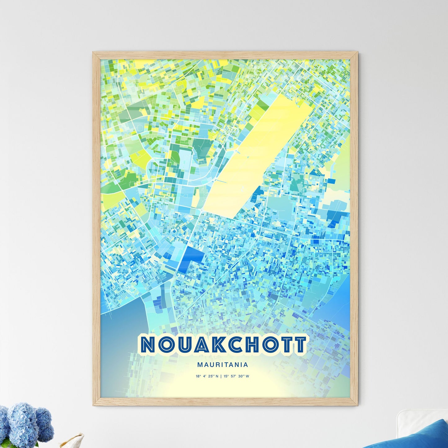 Colorful NOUAKCHOTT MAURITANIA Fine Art Map Cool Blue