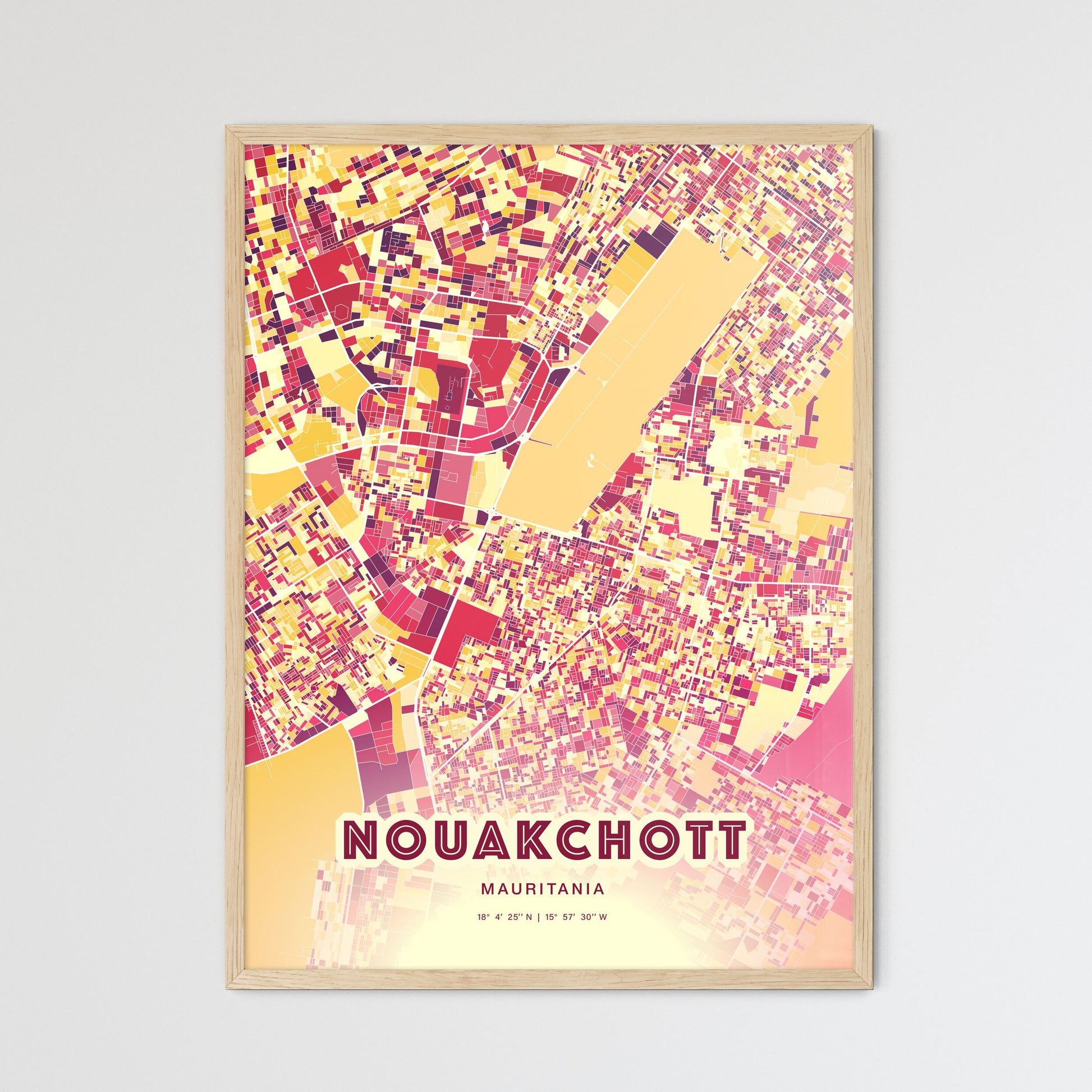 Colorful NOUAKCHOTT MAURITANIA Fine Art Map Hot Red