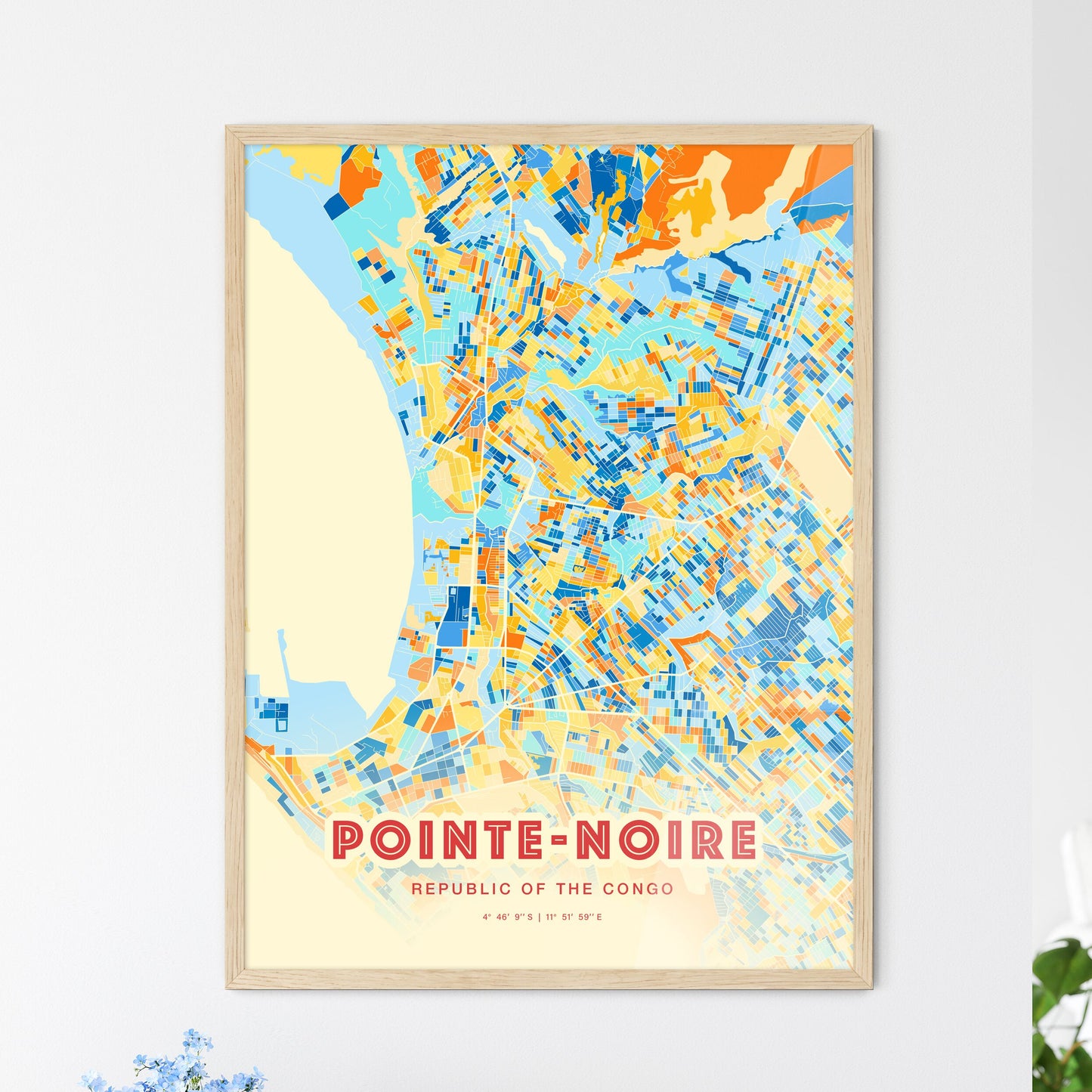 Colorful POINTE-NOIRE REPUBLIC OF THE CONGO Fine Art Map Blue Orange