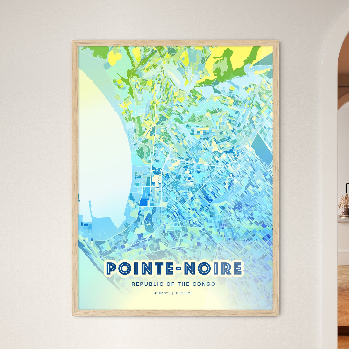 Colorful POINTE-NOIRE REPUBLIC OF THE CONGO Fine Art Map Cool Blue